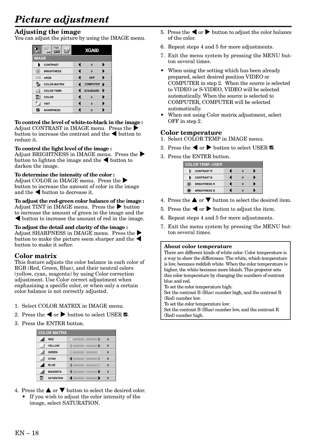 Mitsubishi Electronics X490, X500, S490 user manual Picture adjustment, Adjusting the image, Color matrix, Color temperature 