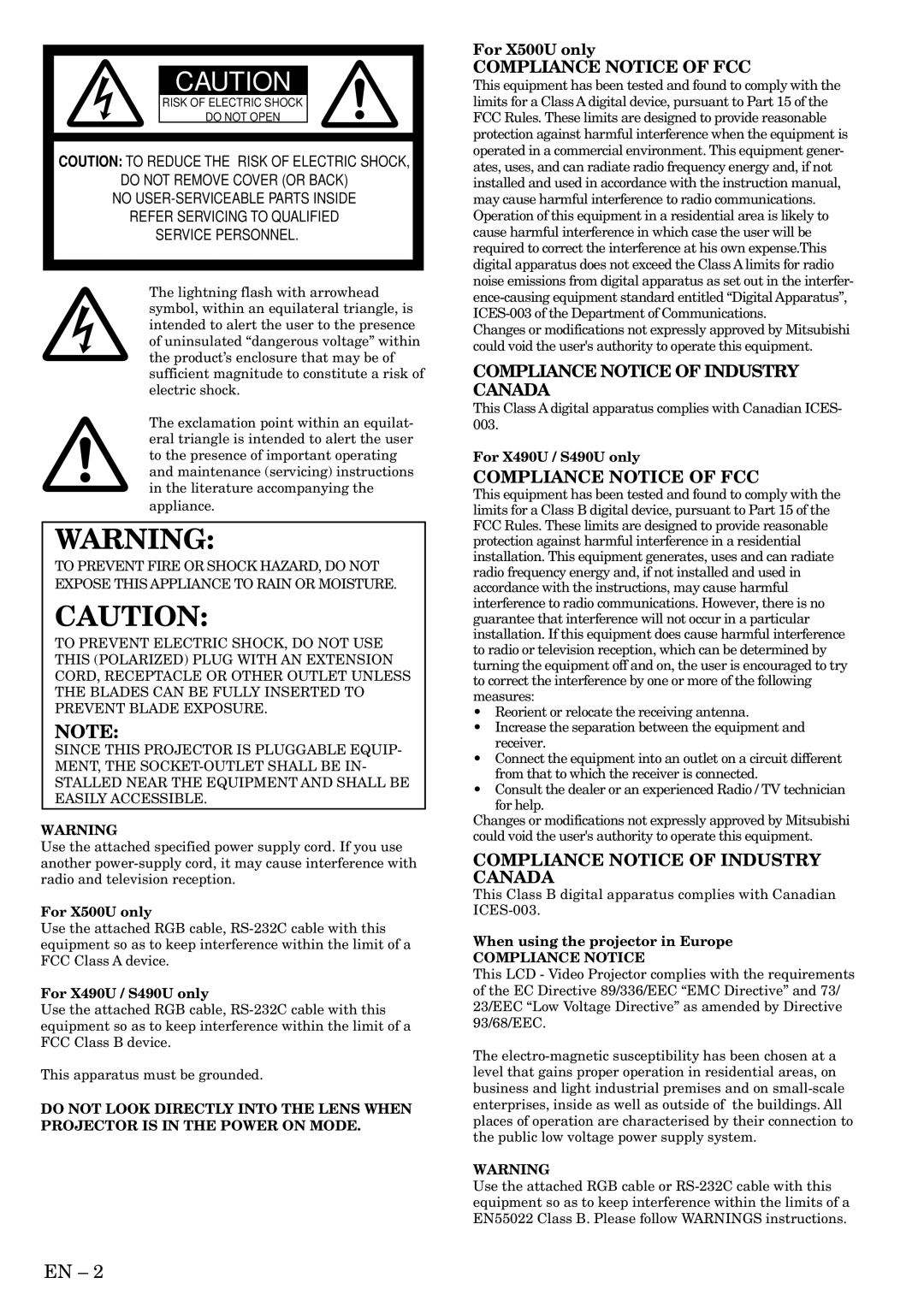 Mitsubishi Electronics S490, X490 user manual For X500U only 