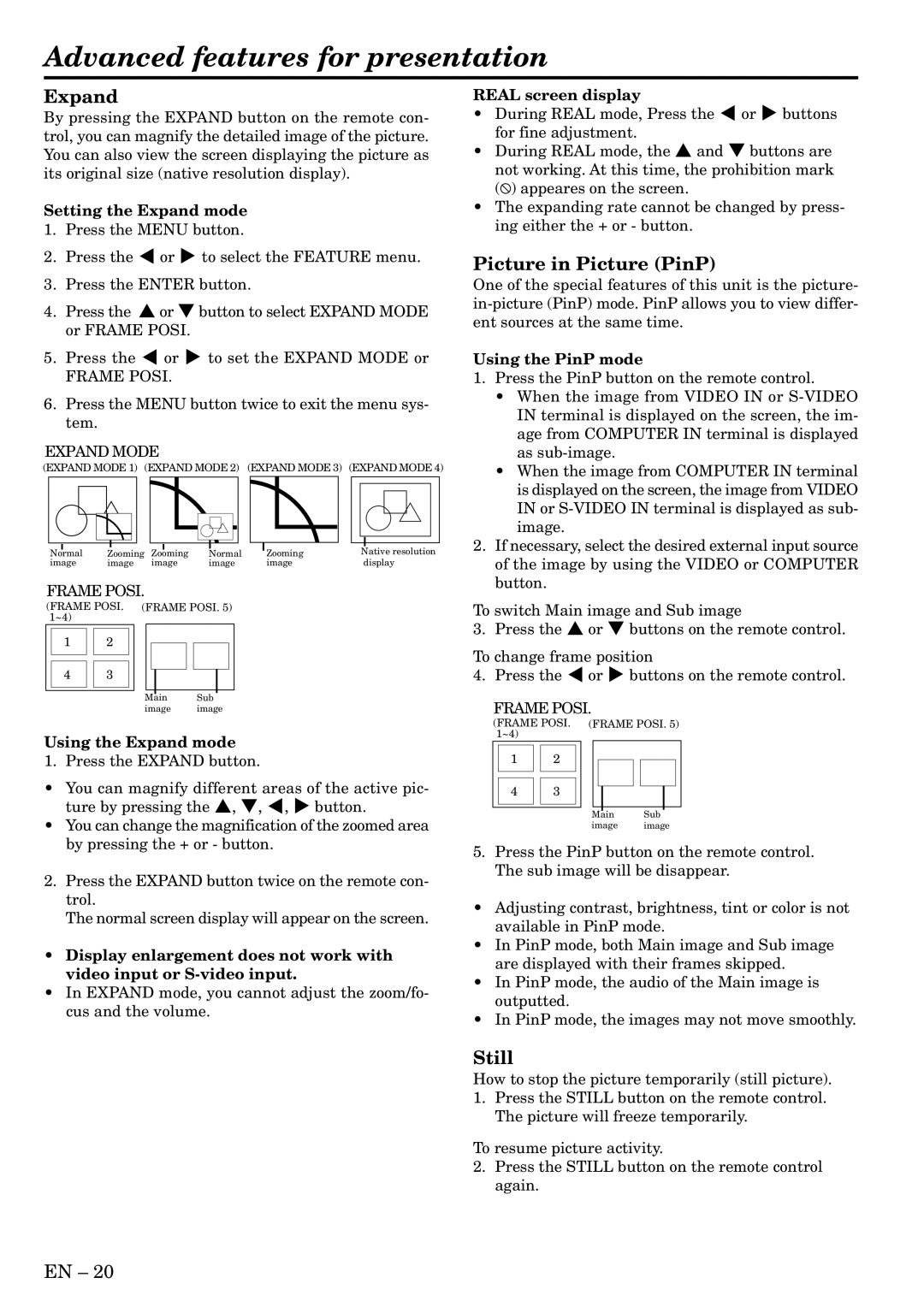 Mitsubishi Electronics S490, X490, X500 Advanced features for presentation, Expand, Picture in Picture PinP, Still 