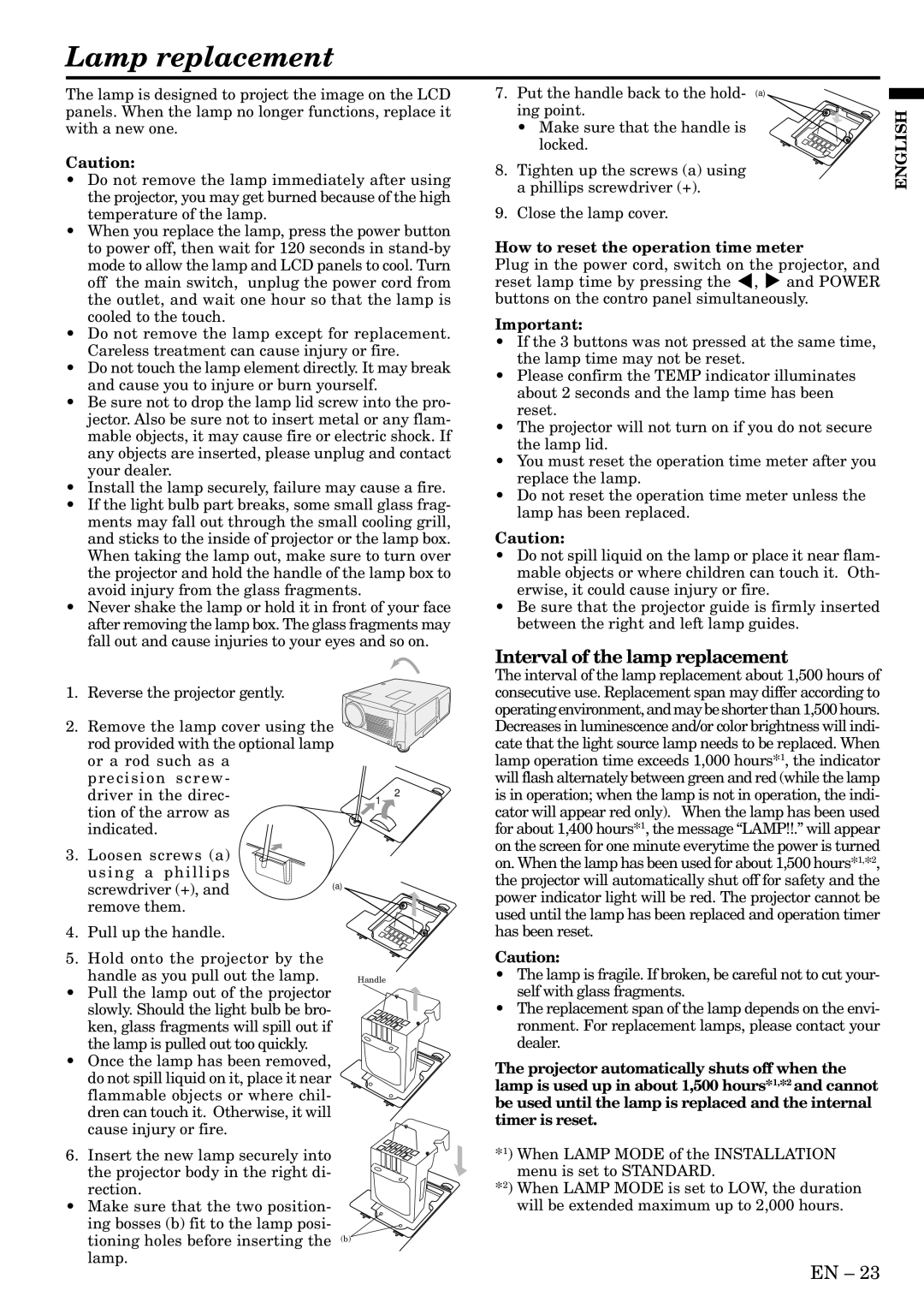 Mitsubishi Electronics S490 Lamp replacement, Interval of the lamp replacement, How to reset the operation time meter 