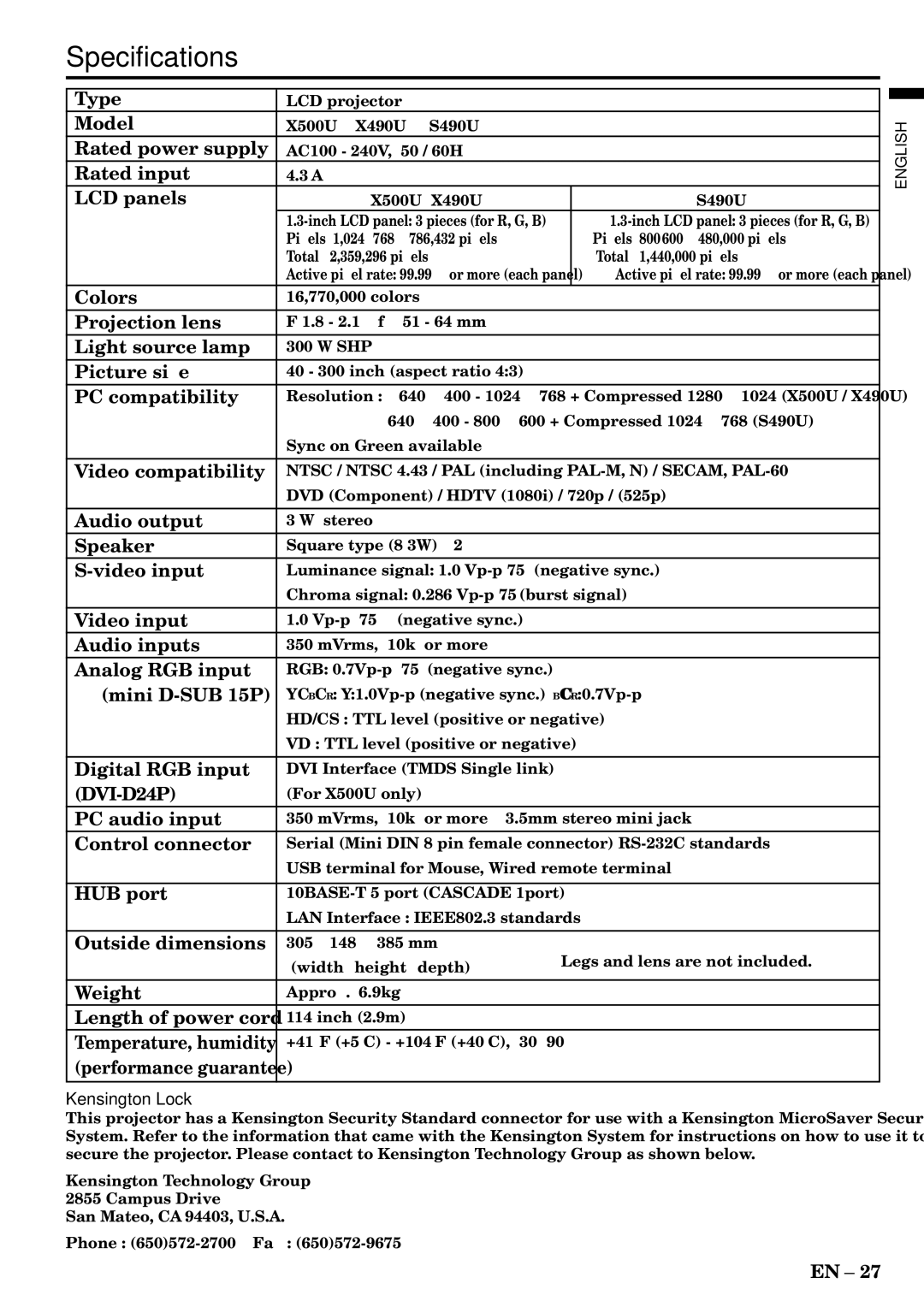 Mitsubishi Electronics X490, X500, S490 user manual Specifications 