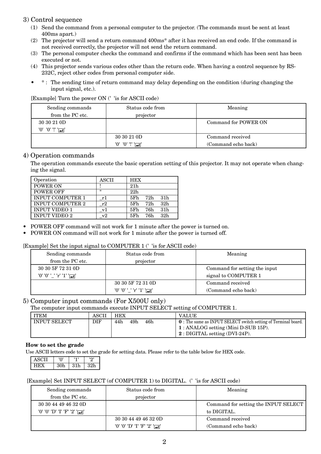 Mitsubishi Electronics X490, S490 user manual Control sequence, Operation commands, Computer input commands For X500U only 