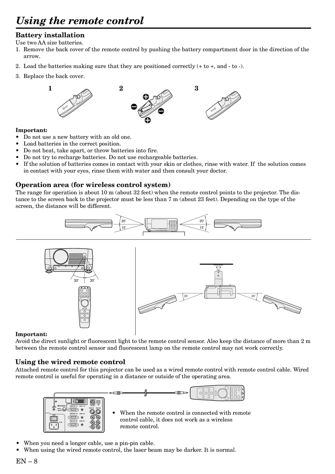 Mitsubishi Electronics S490 Using the remote control, Battery installation, Operation area for wireless control system 