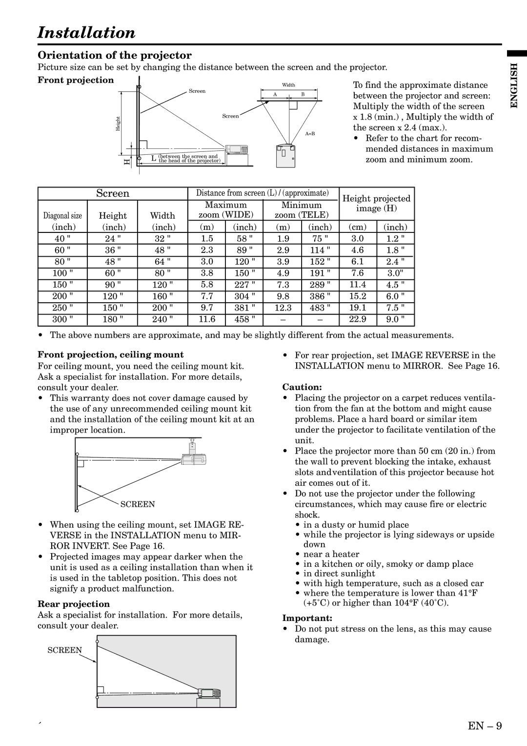 Mitsubishi Electronics X490, X500, S490 user manual Installation, Orientation of the projector, Screen 