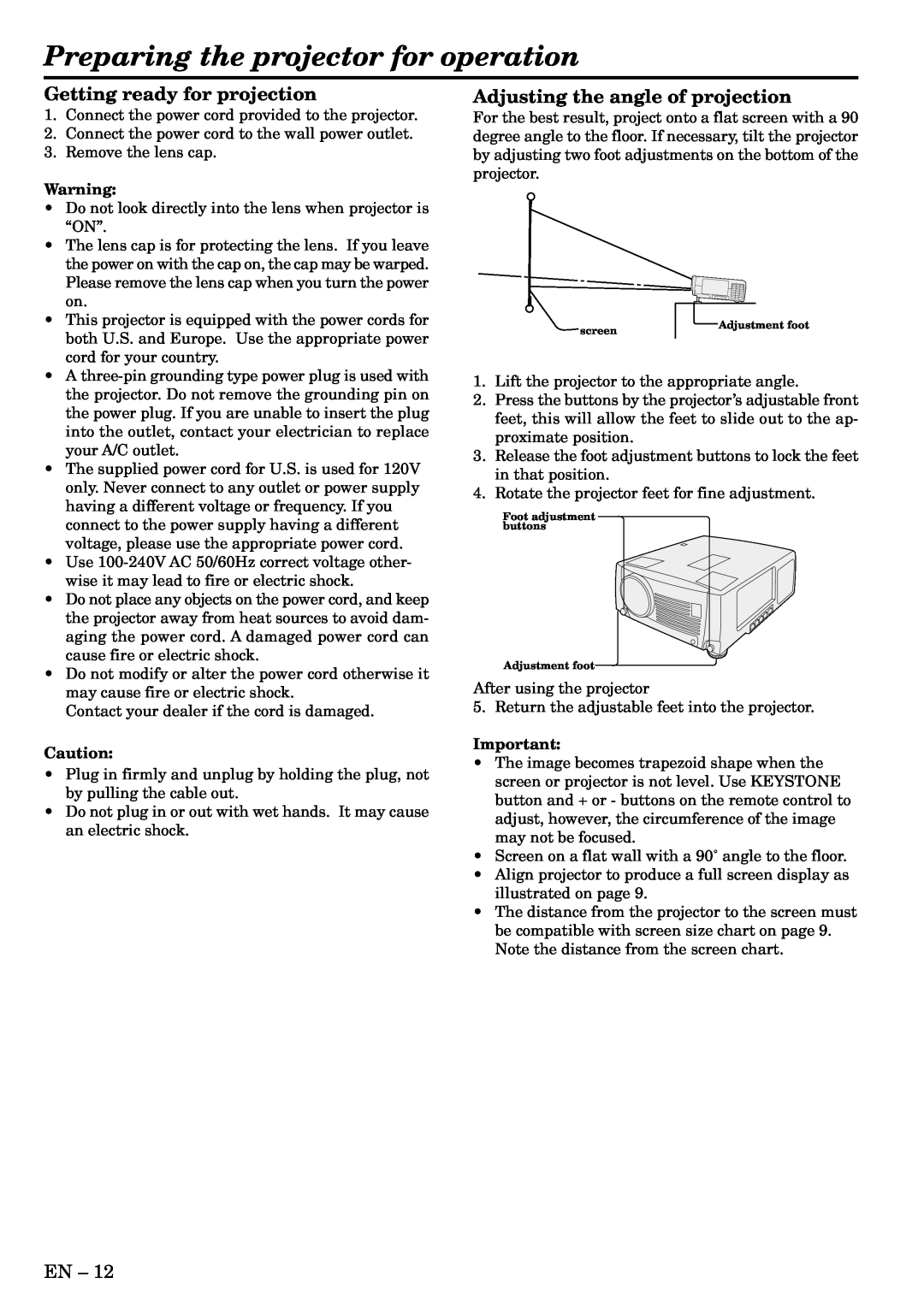 Mitsubishi Electronics X490, X500, S490 user manual Preparing the projector for operation, Getting ready for projection 