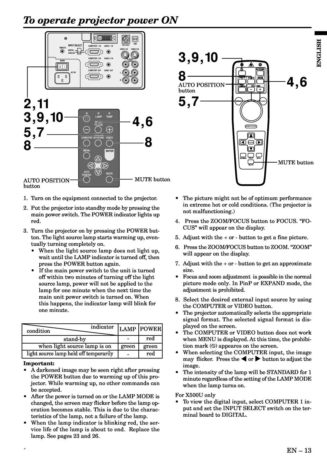 Mitsubishi Electronics X500, X490, S490 user manual To operate projector power ON, 9,10, English, Auto Position, button 