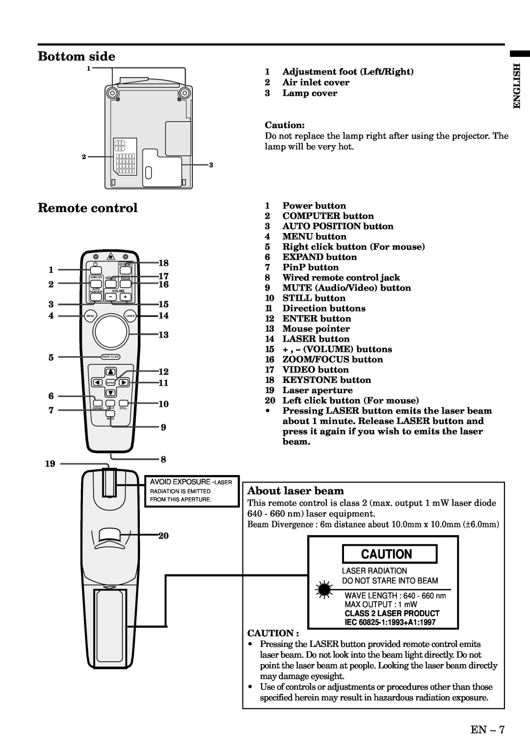 Mitsubishi Electronics X500 Bottom side, Remote control, About laser beam, Adjustment foot Left/Right, English, Lamp cover 