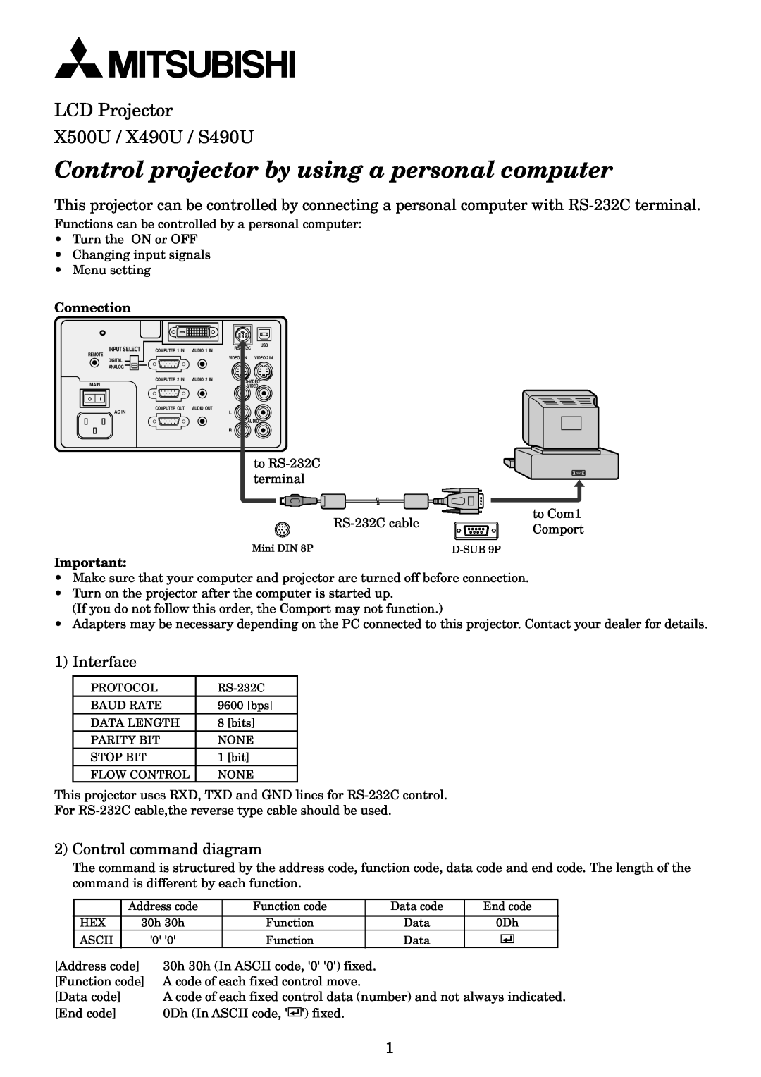 Mitsubishi Electronics manual Interface, Control command diagram, Connection, LCD Projector X500U / X490U / S490U 