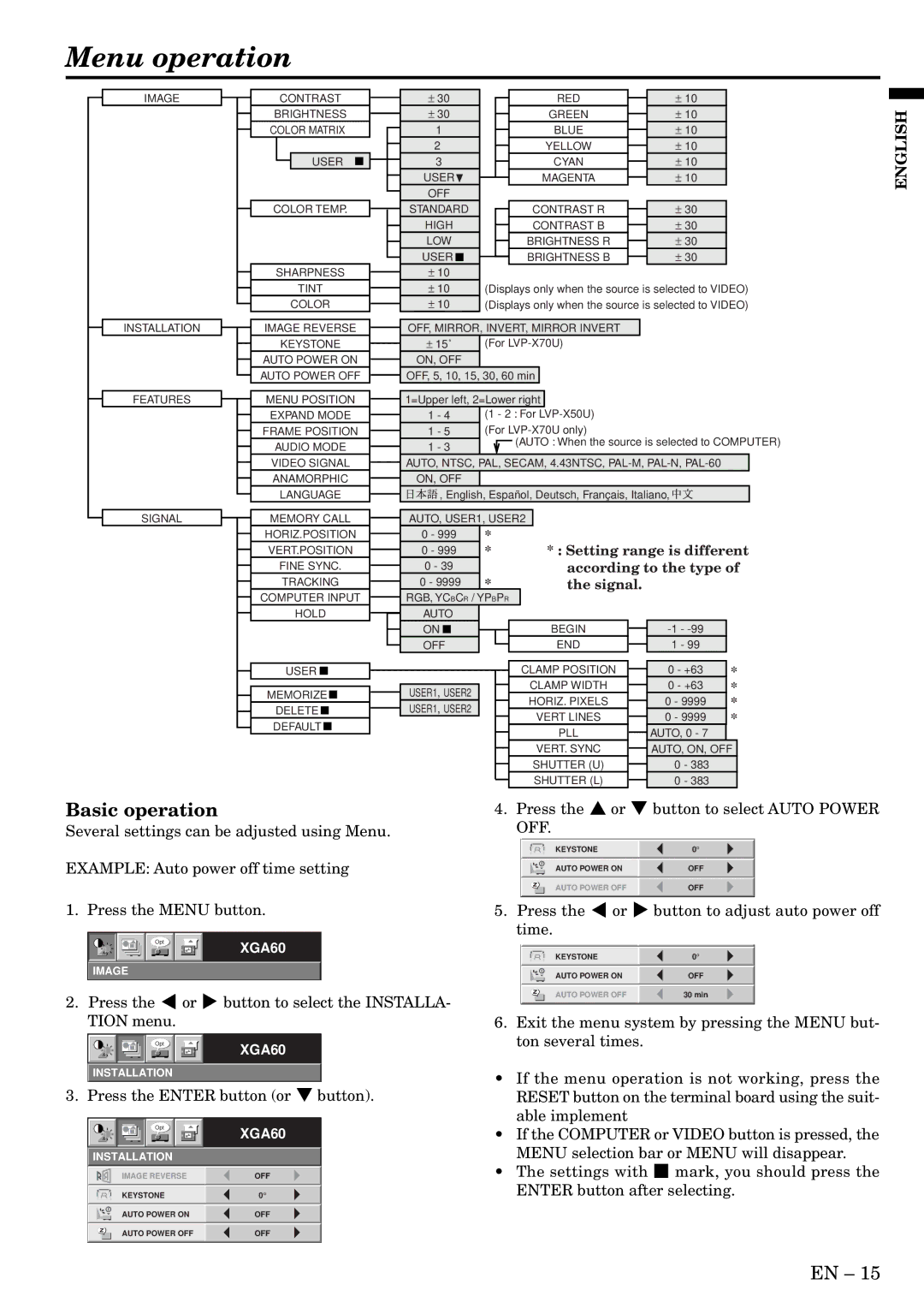 Mitsubishi Electronics X70, X50 user manual Menu operation, Basic operation 