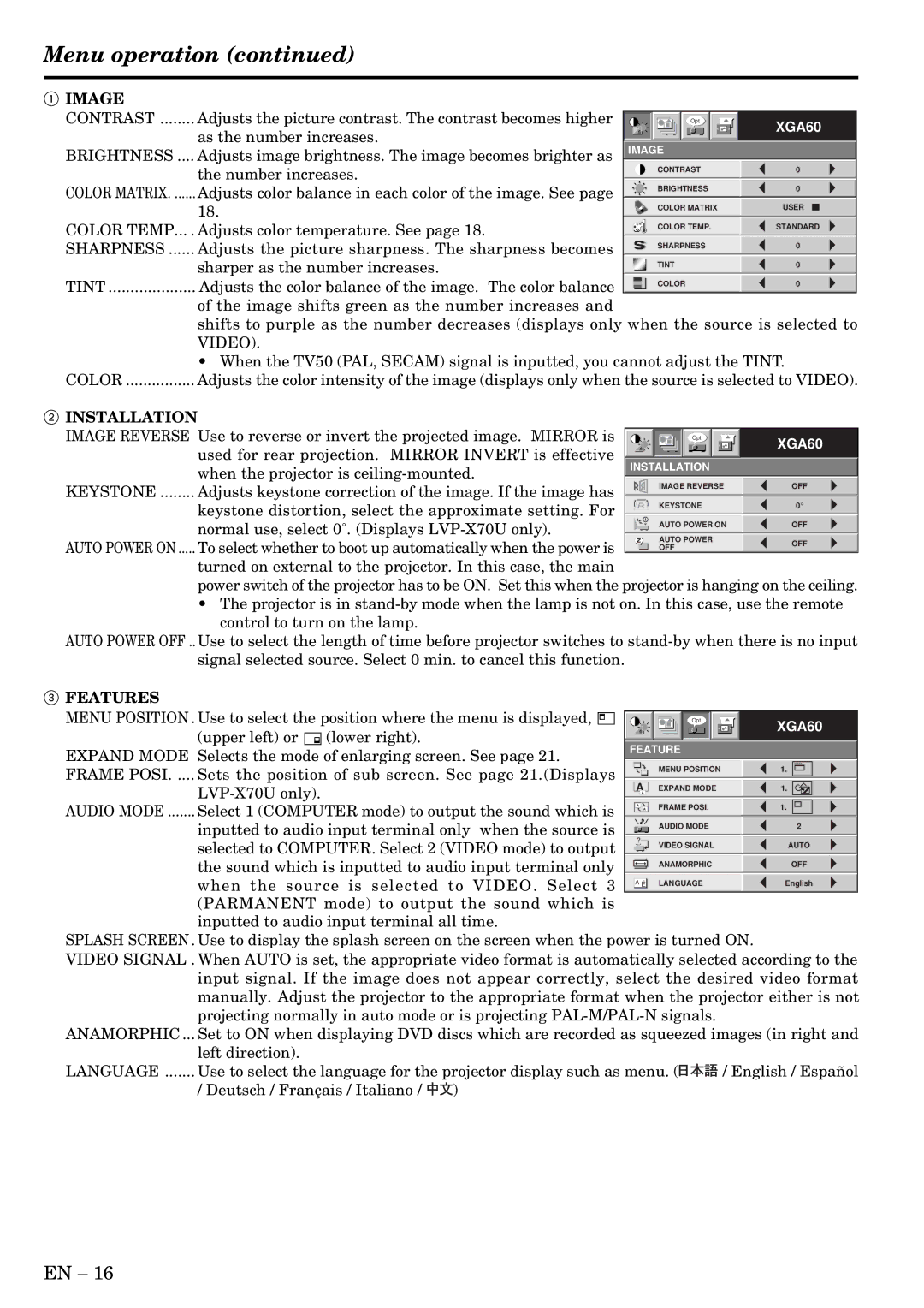 Mitsubishi Electronics X50, X70 user manual Menu operation 