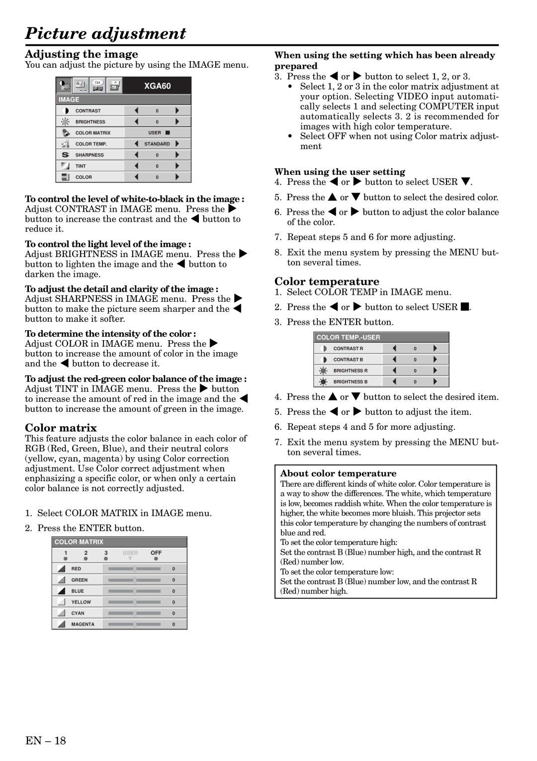 Mitsubishi Electronics X50, X70 user manual Picture adjustment, Adjusting the image, Color matrix, Color temperature 