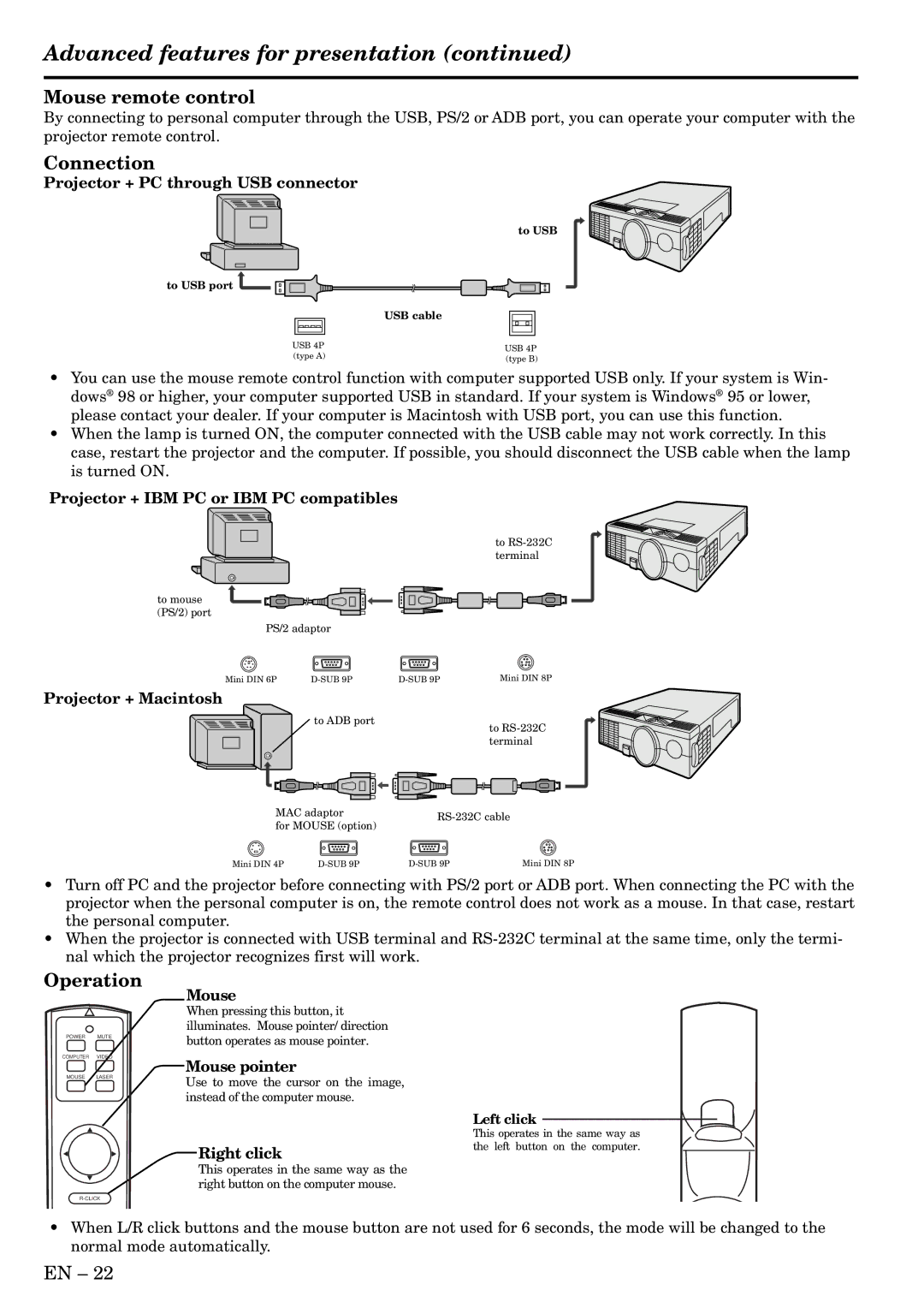 Mitsubishi Electronics X50, X70 user manual Advanced features for presentation, Mouse remote control, Connection, Operation 