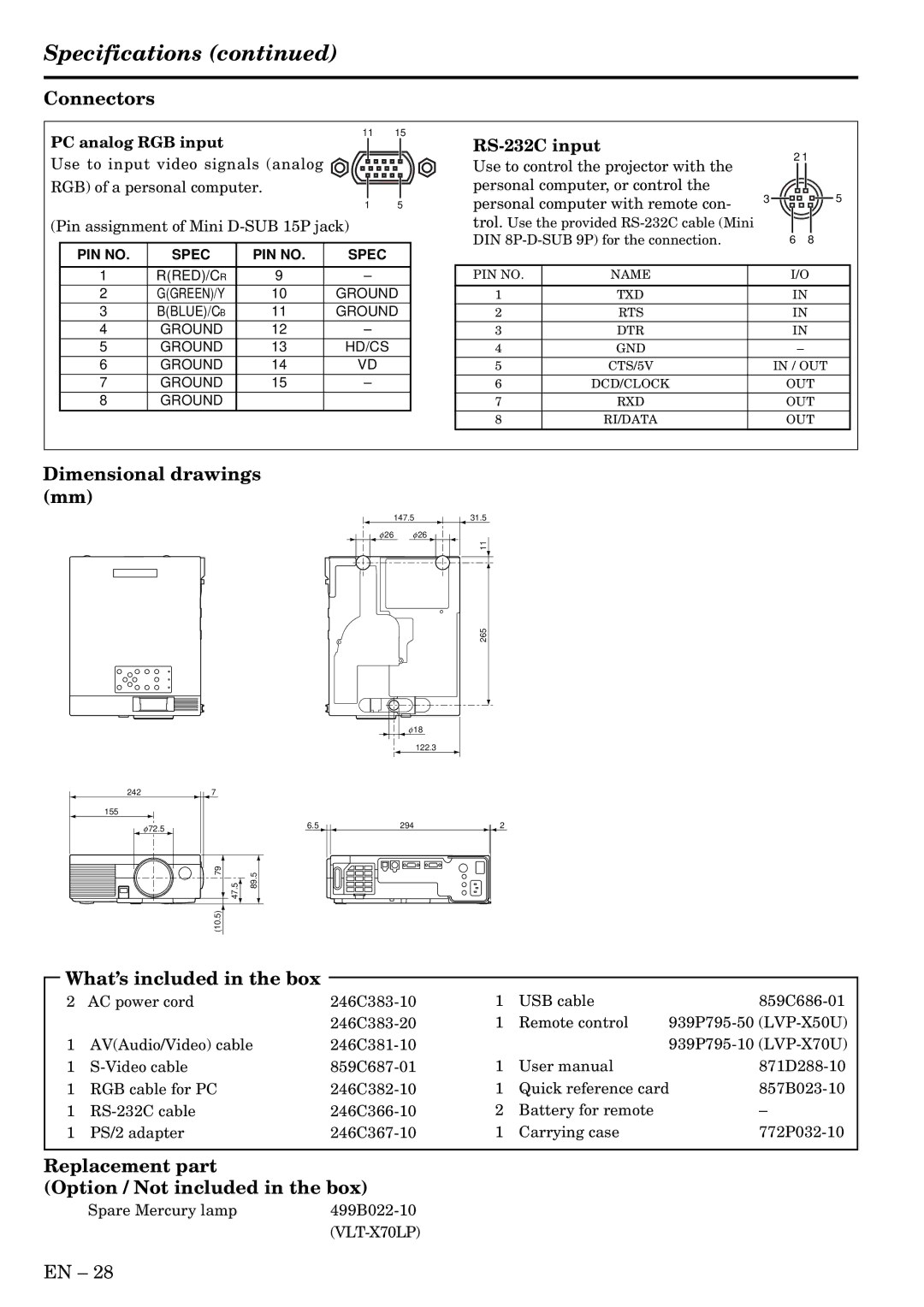 Mitsubishi Electronics X50, X70 user manual Specifications, Connectors, Dimensional drawings mm, What’s included in the box 