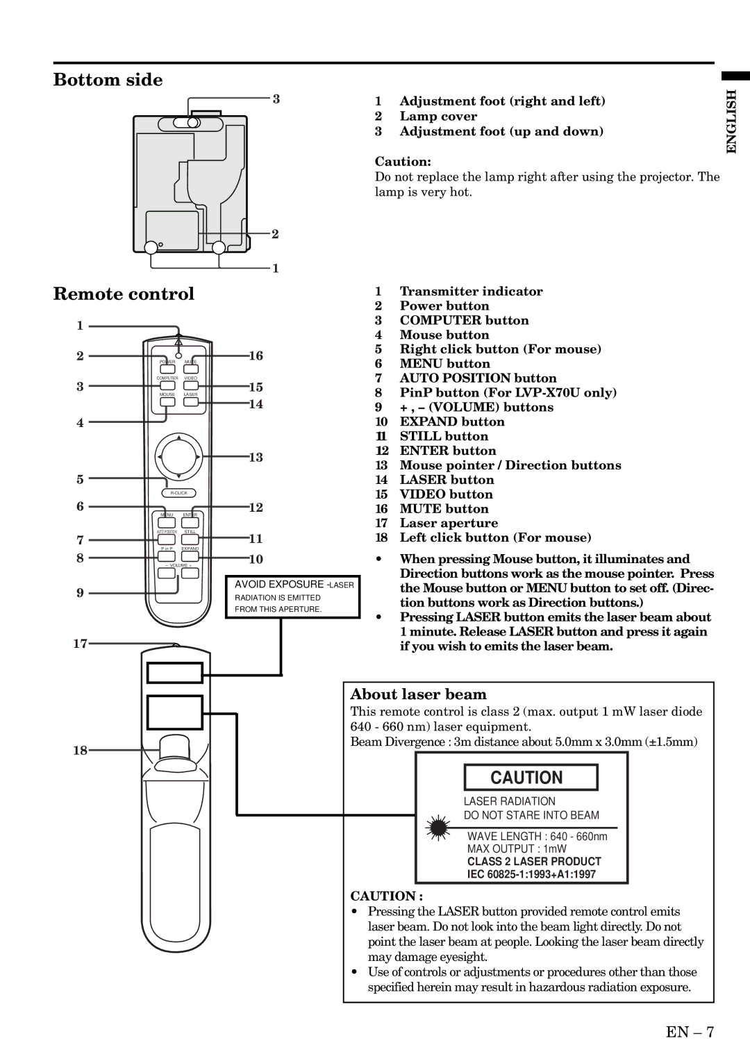 Mitsubishi Electronics X70, X50 user manual Remote control, About laser beam 