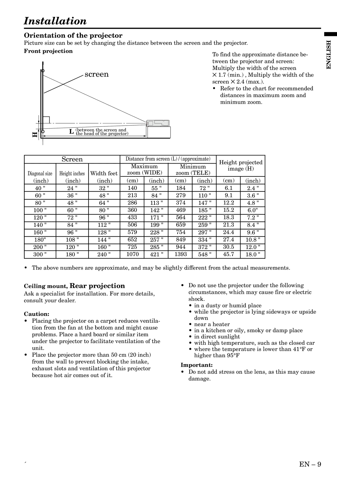 Mitsubishi Electronics X70 Installation, Orientation of the projector, Front projection, Ceiling mount, Rear projection 