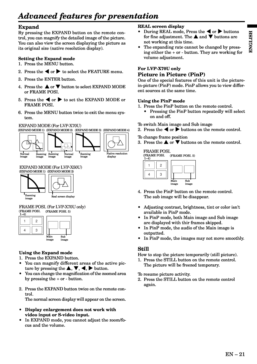 Mitsubishi Electronics X70, X50 user manual Advanced features for presentation, Expand, Picture in Picture PinP, Still 