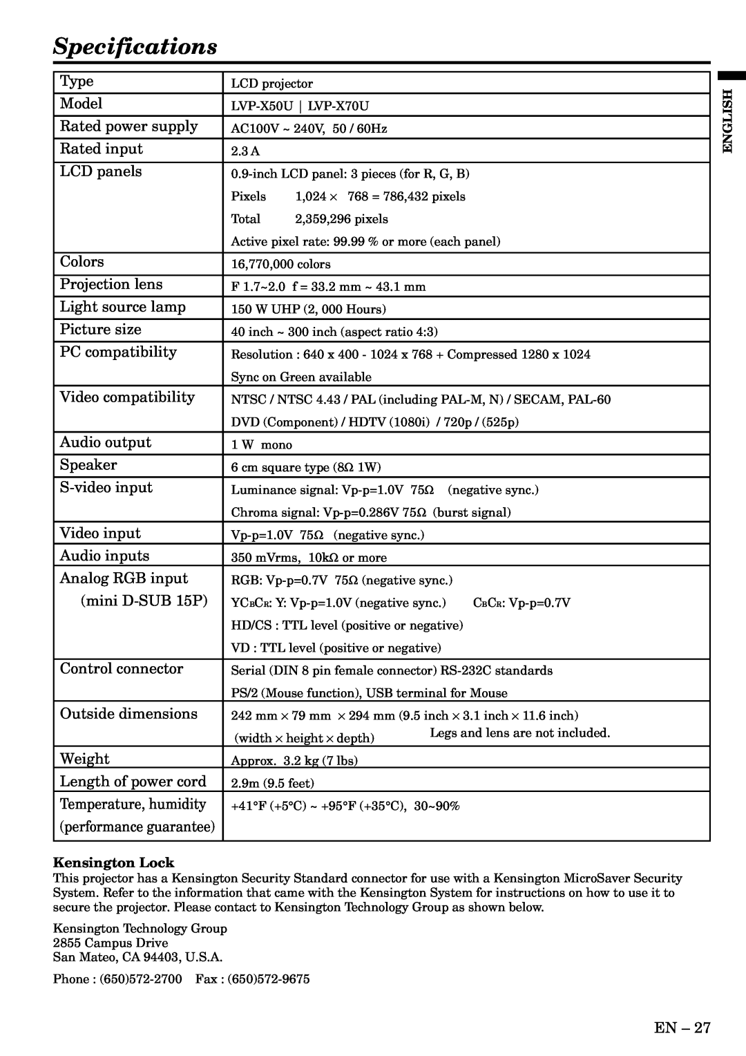 Mitsubishi Electronics X70, X50 user manual Specifications, Kensington Lock 