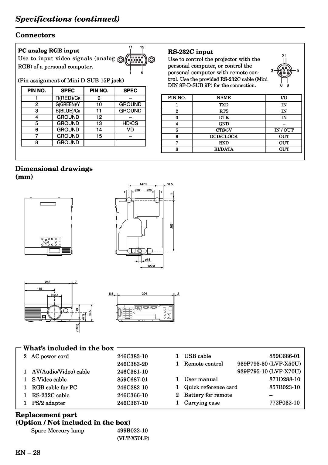 Mitsubishi Electronics X50, X70 Specifications continued, Connectors, Dimensional drawings mm, What’s included in the box 