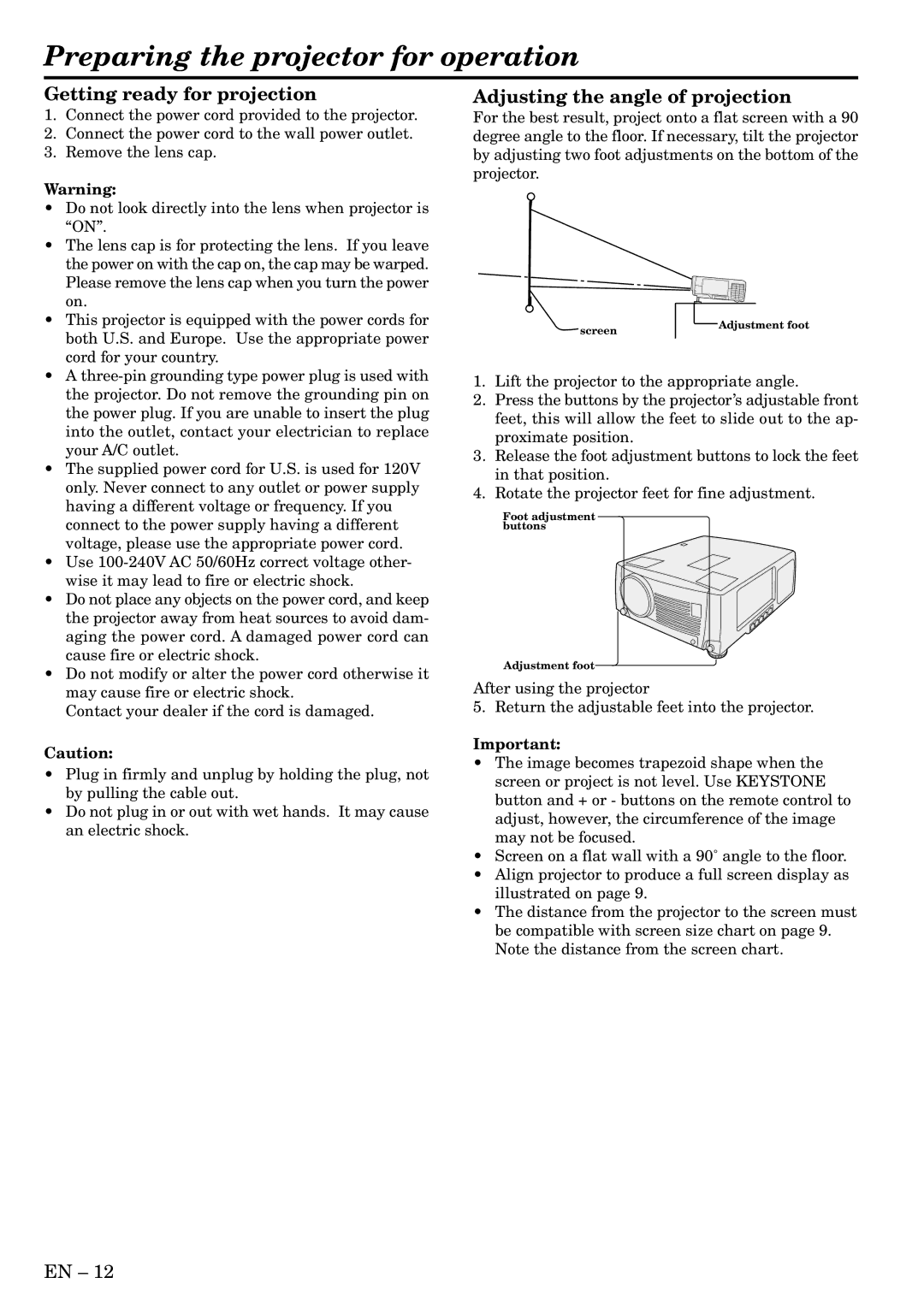 Mitsubishi Electronics X500U user manual Preparing the projector for operation, Getting ready for projection 