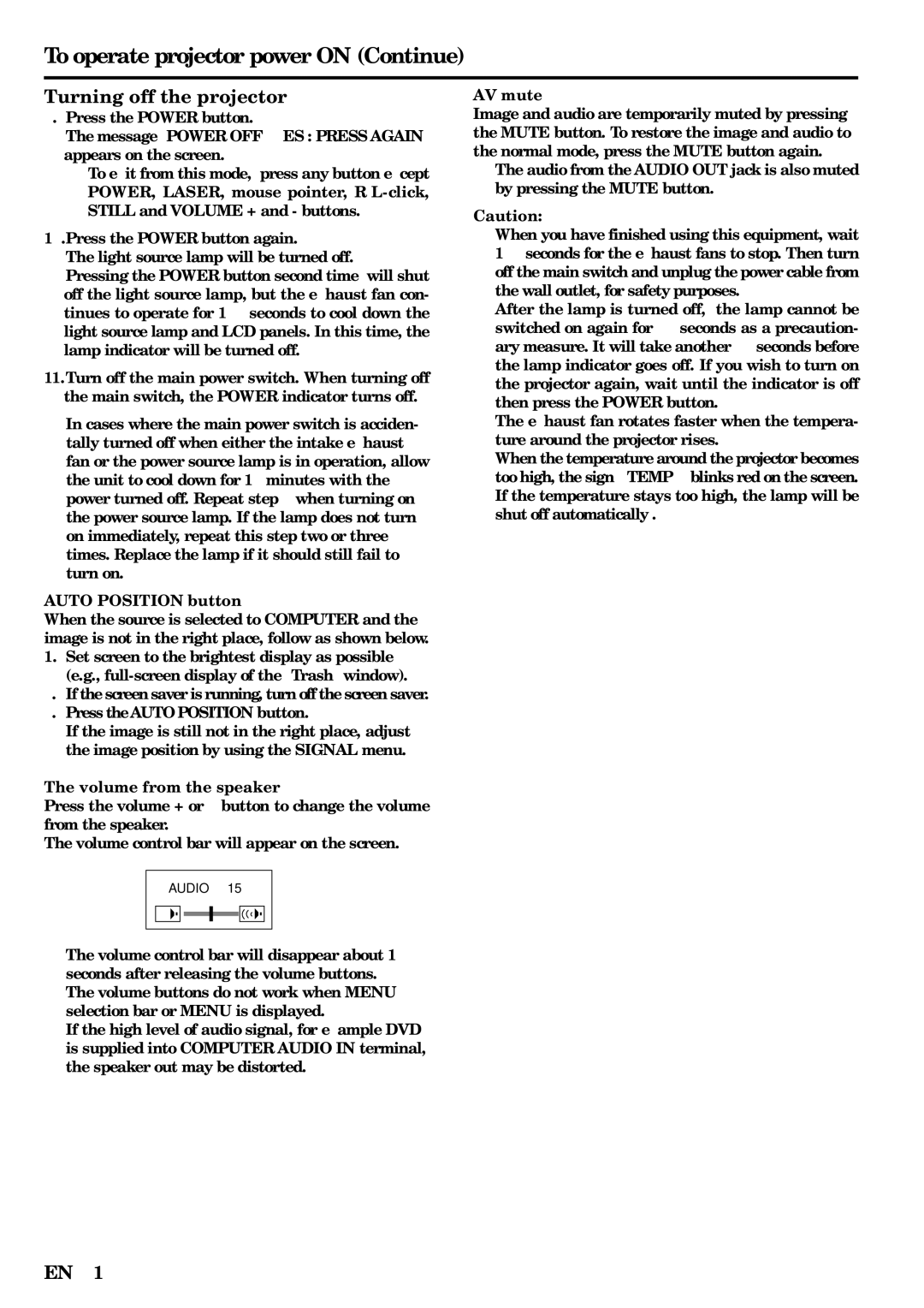 Mitsubishi Electronics X500U user manual Turning off the projector, Volume from the speaker, AV mute 