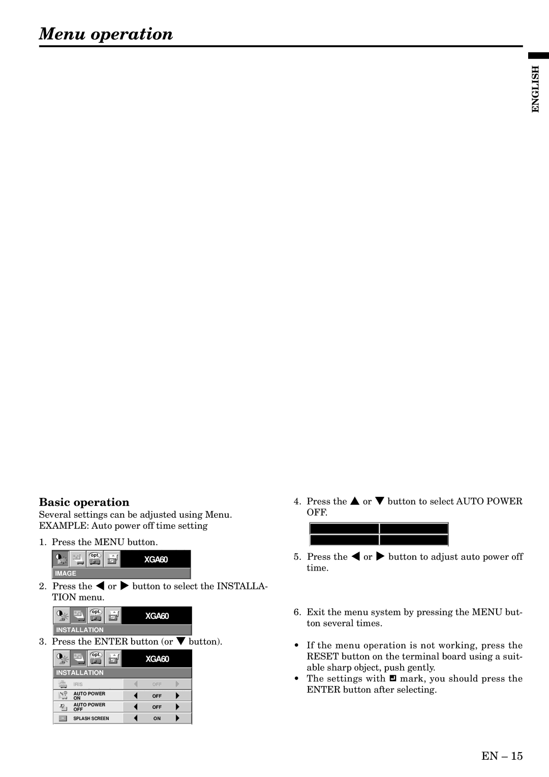 Mitsubishi Electronics X500U user manual Menu operation, Basic operation 