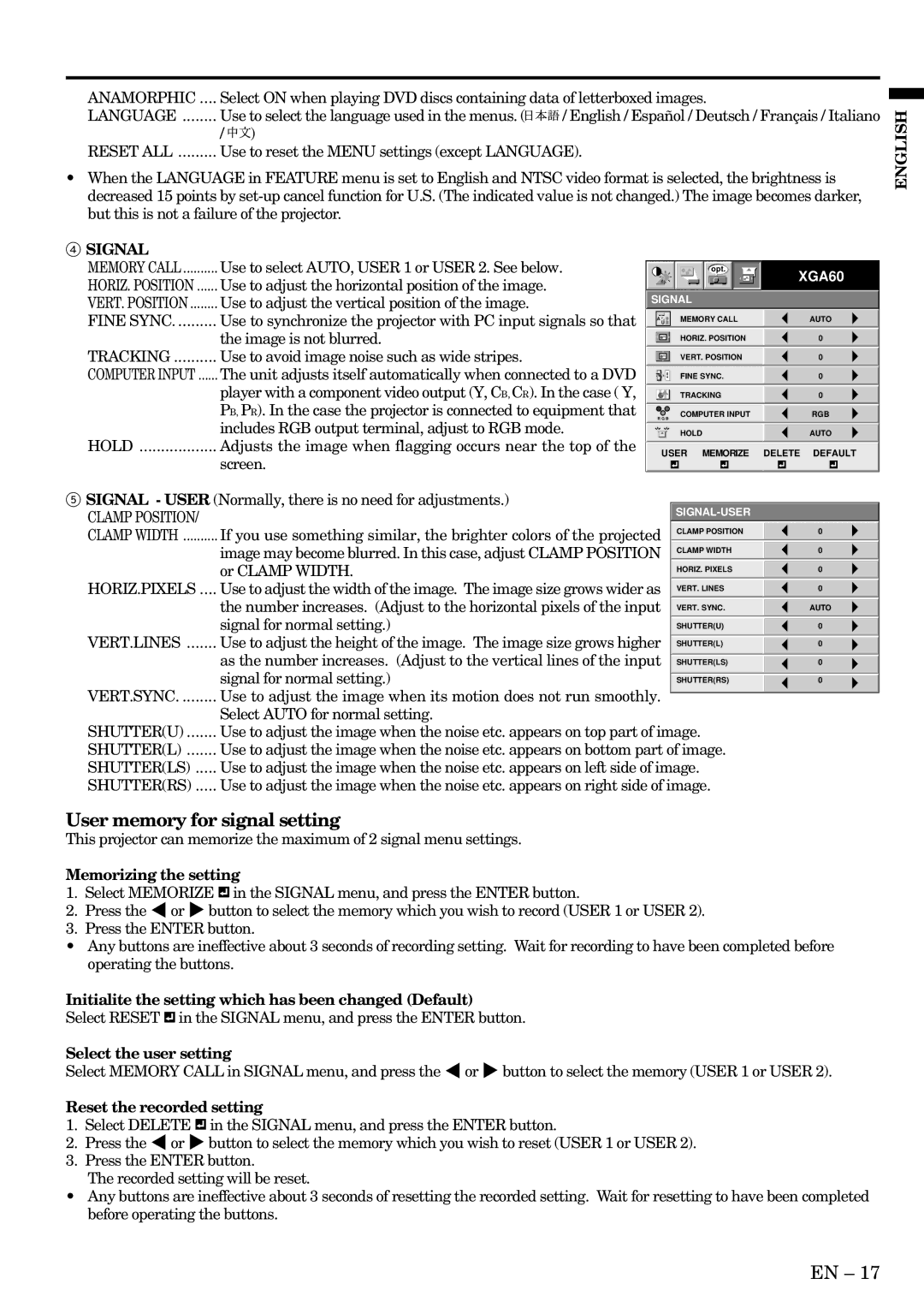 Mitsubishi Electronics X500U user manual User memory for signal setting, English Signal 