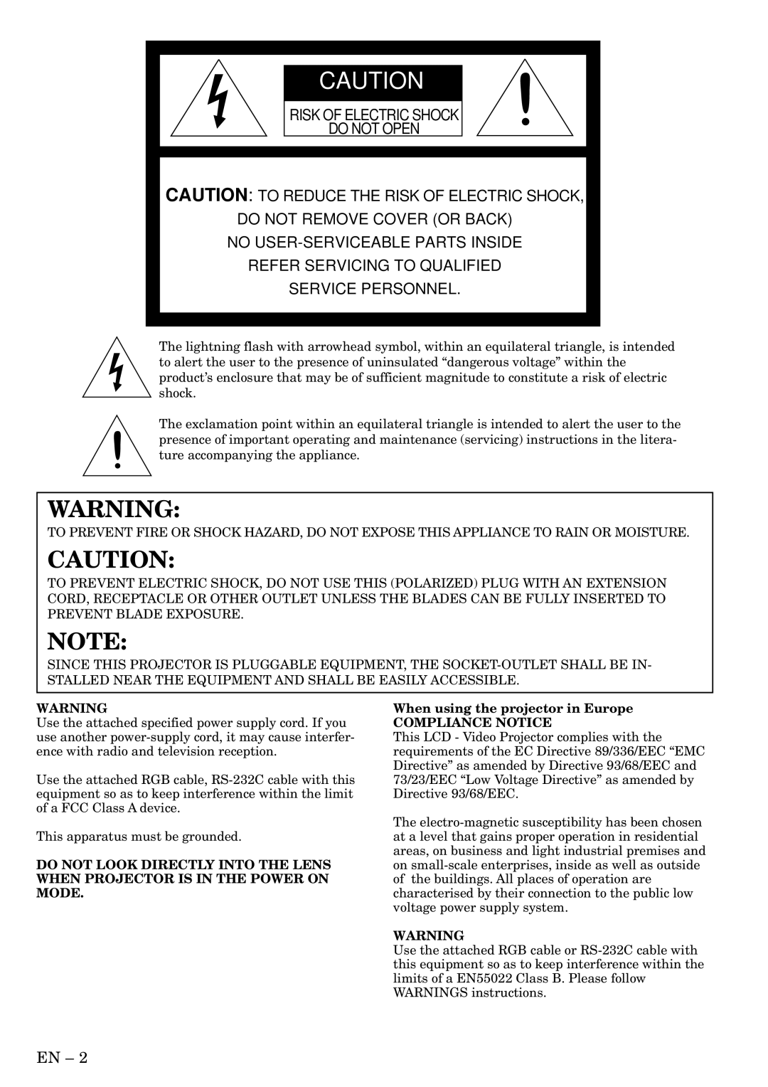 Mitsubishi Electronics X500U user manual When using the projector in Europe, Compliance Notice 