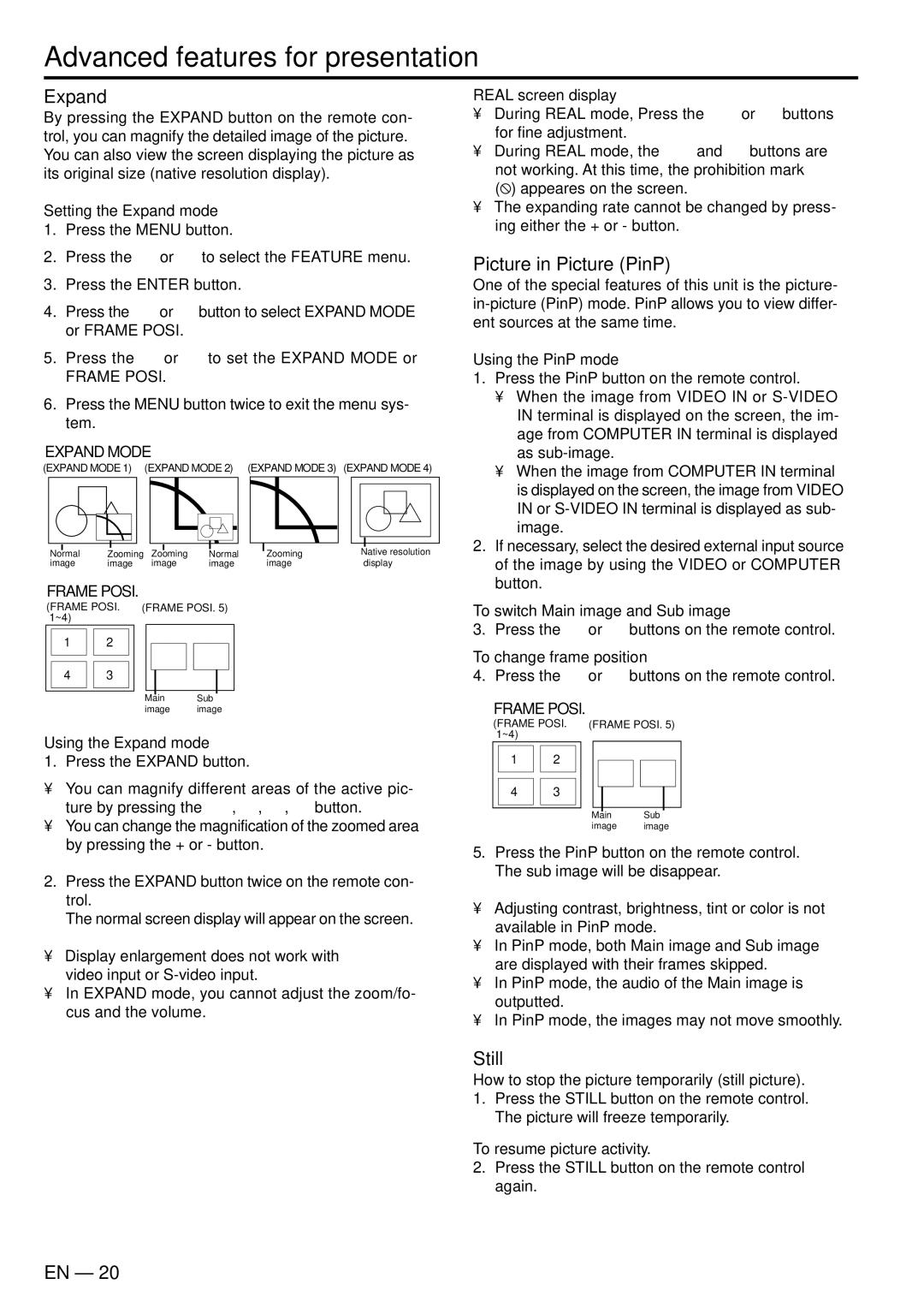 Mitsubishi Electronics X500U user manual Advanced features for presentation, Expand, Picture in Picture PinP, Still 