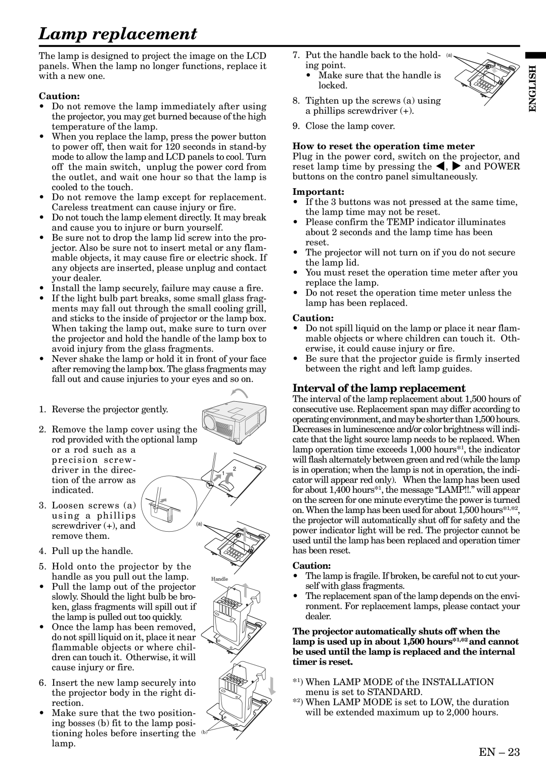 Mitsubishi Electronics X500U Lamp replacement, Interval of the lamp replacement, How to reset the operation time meter 