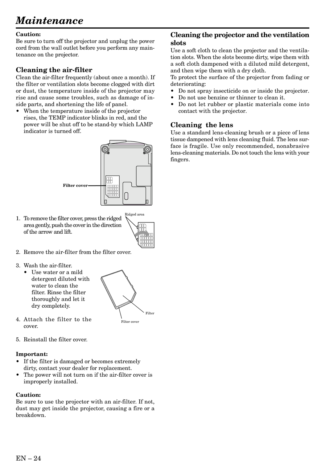 Mitsubishi Electronics X500U Maintenance, Cleaning the air-filter, Cleaning the projector and the ventilation slots 