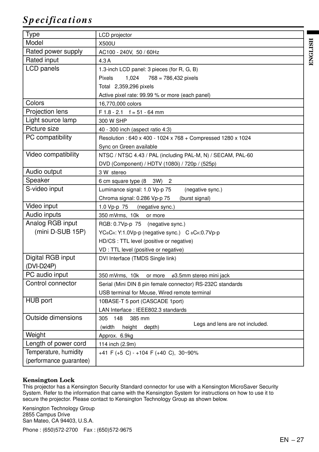 Mitsubishi Electronics X500U user manual Specifications 