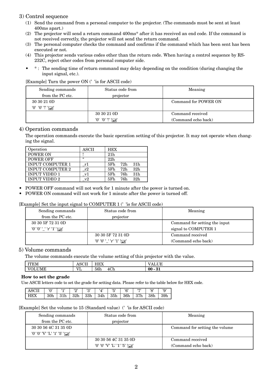 Mitsubishi Electronics X500U user manual Control sequence, Operation commands, Volume commands, How to set the grade 