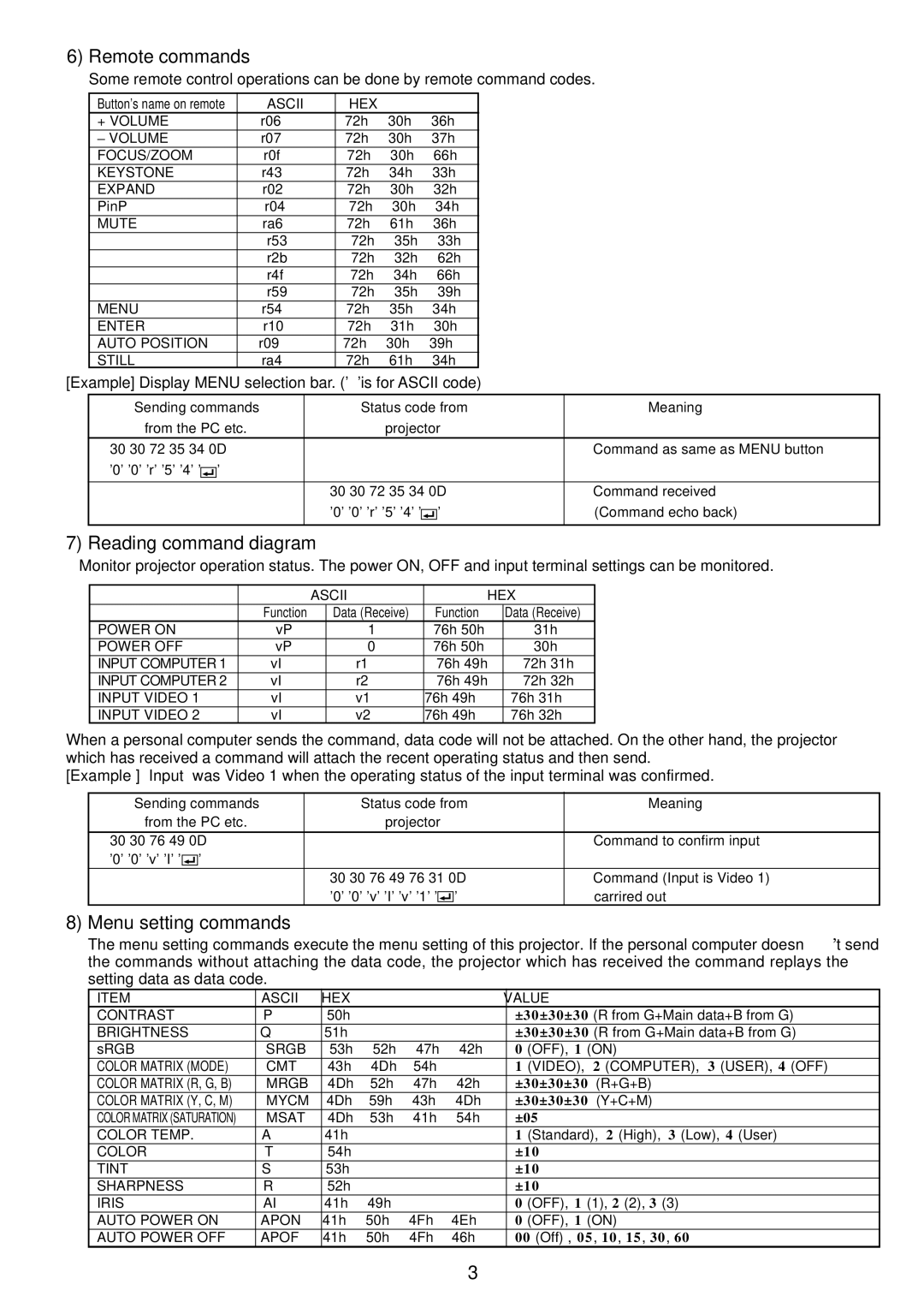 Mitsubishi Electronics X500U user manual Remote commands, Reading command diagram, Menu setting commands 