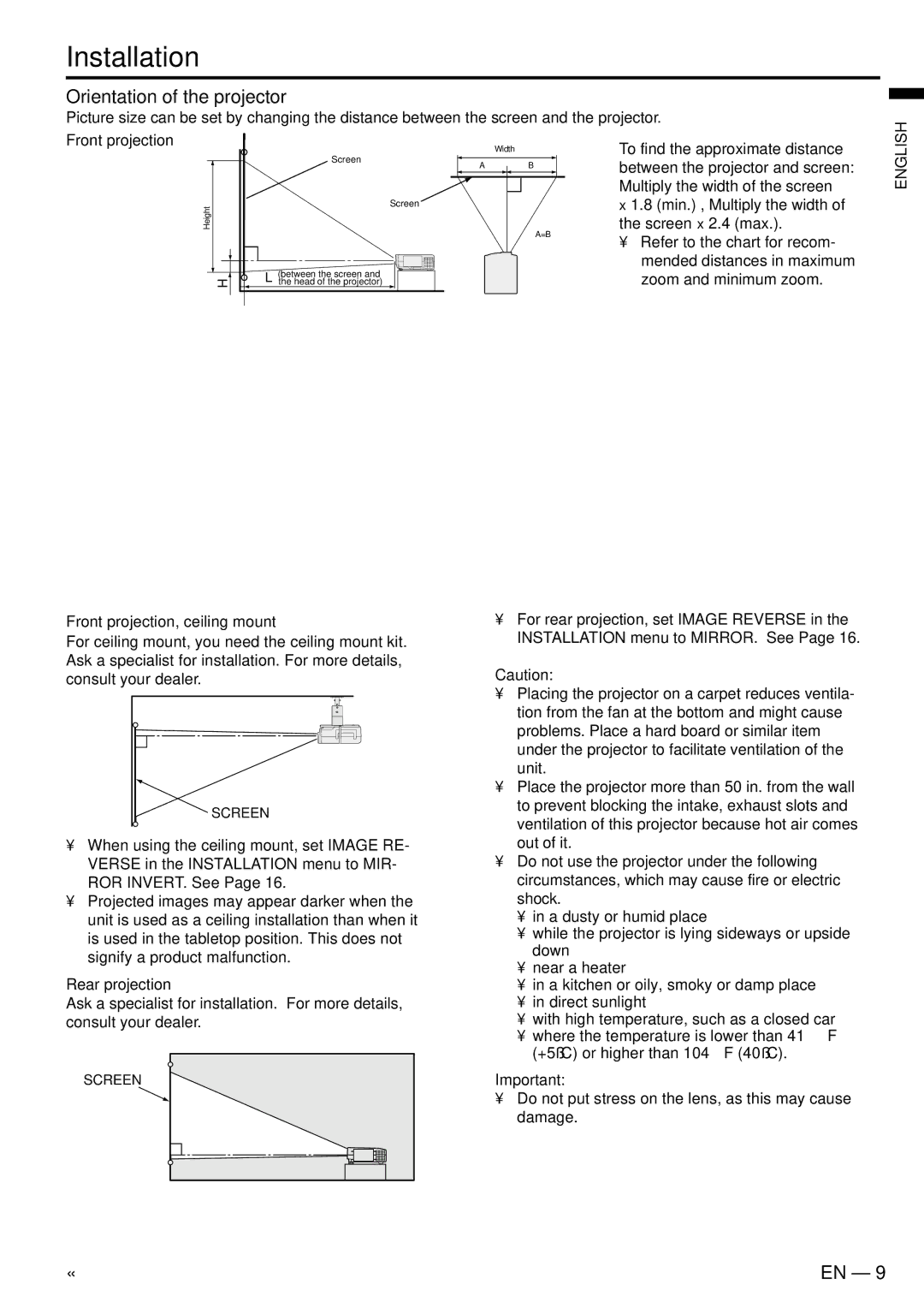 Mitsubishi Electronics X500U user manual Installation, Orientation of the projector, Screen 