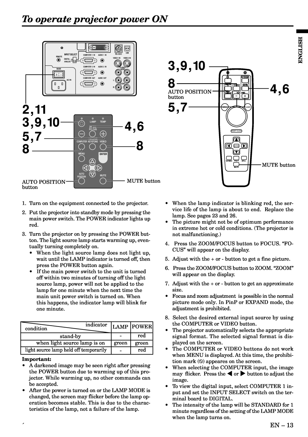 Mitsubishi Electronics X500U user manual To operate projector power ON, 9,10, English, Auto Position, button 