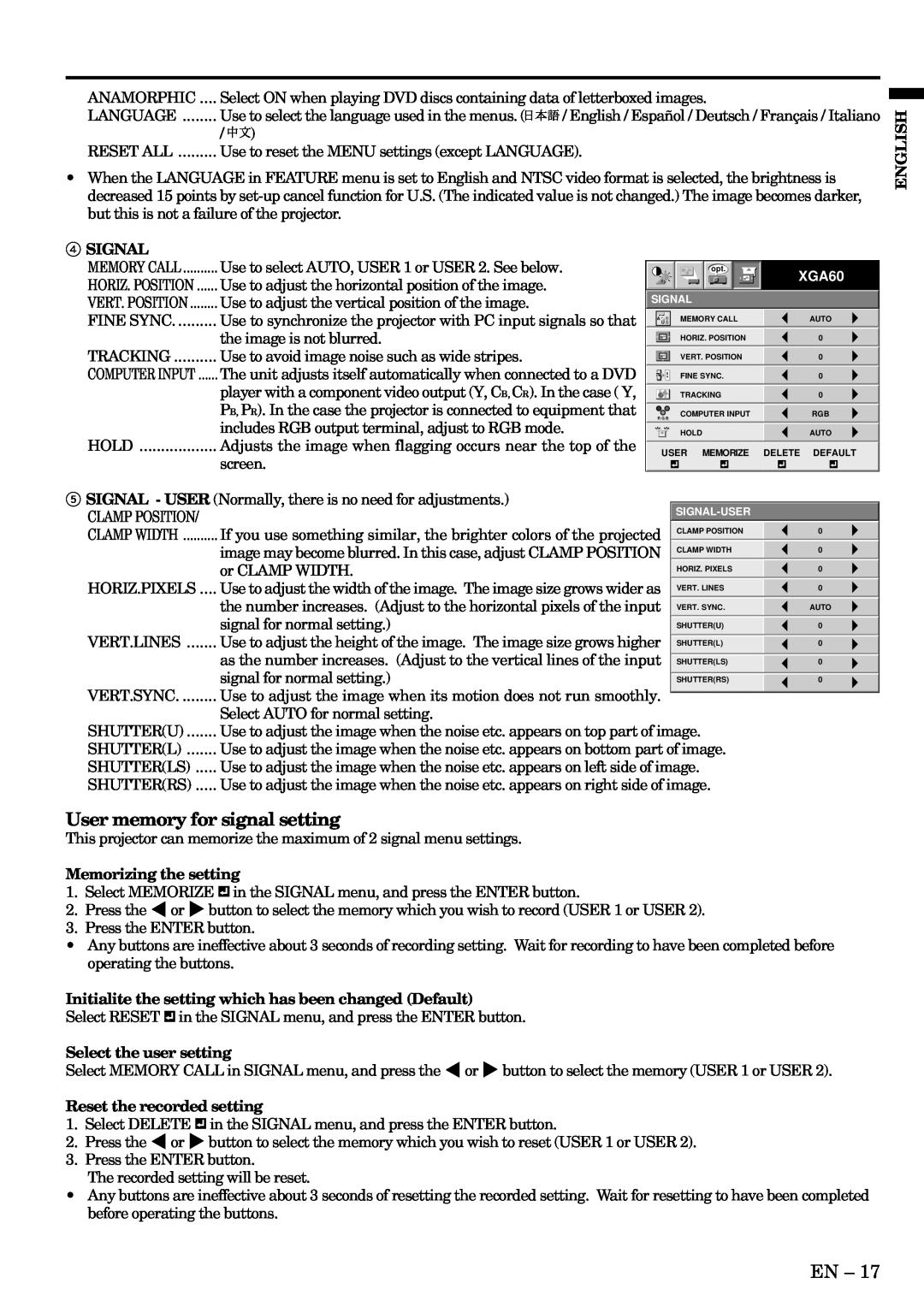 Mitsubishi Electronics X500U user manual User memory for signal setting, English, Signal, Memorizing the setting 
