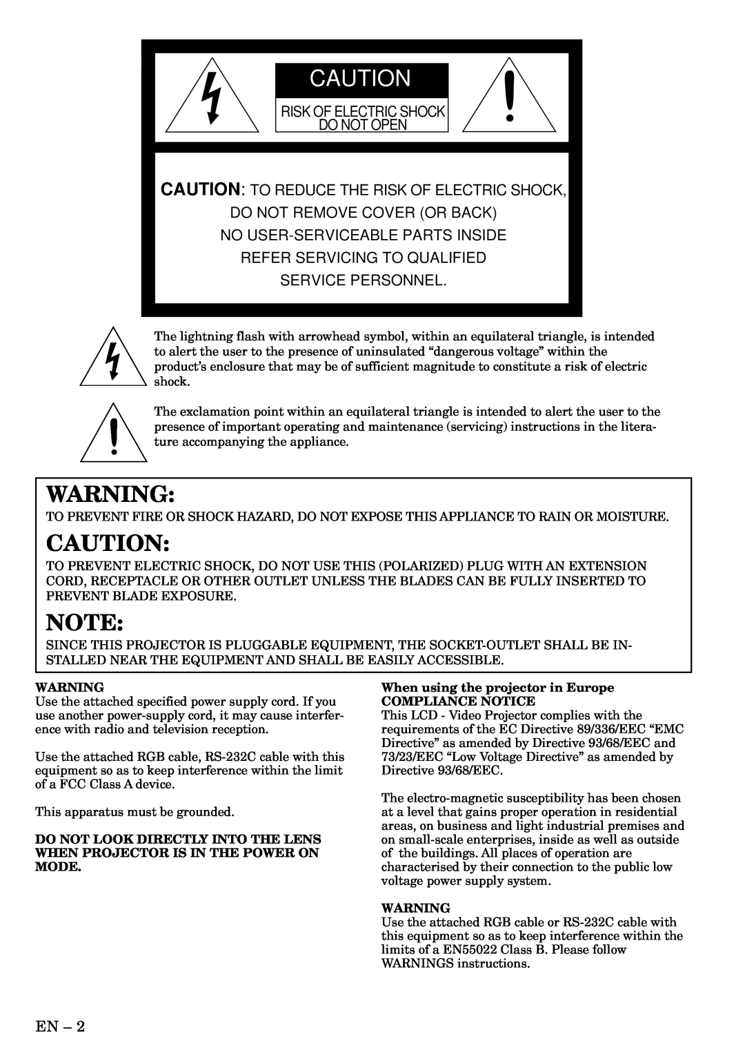 Mitsubishi Electronics X500U user manual Risk Of Electric Shock Do Not Open, Caution To Reduce The Risk Of Electric Shock 