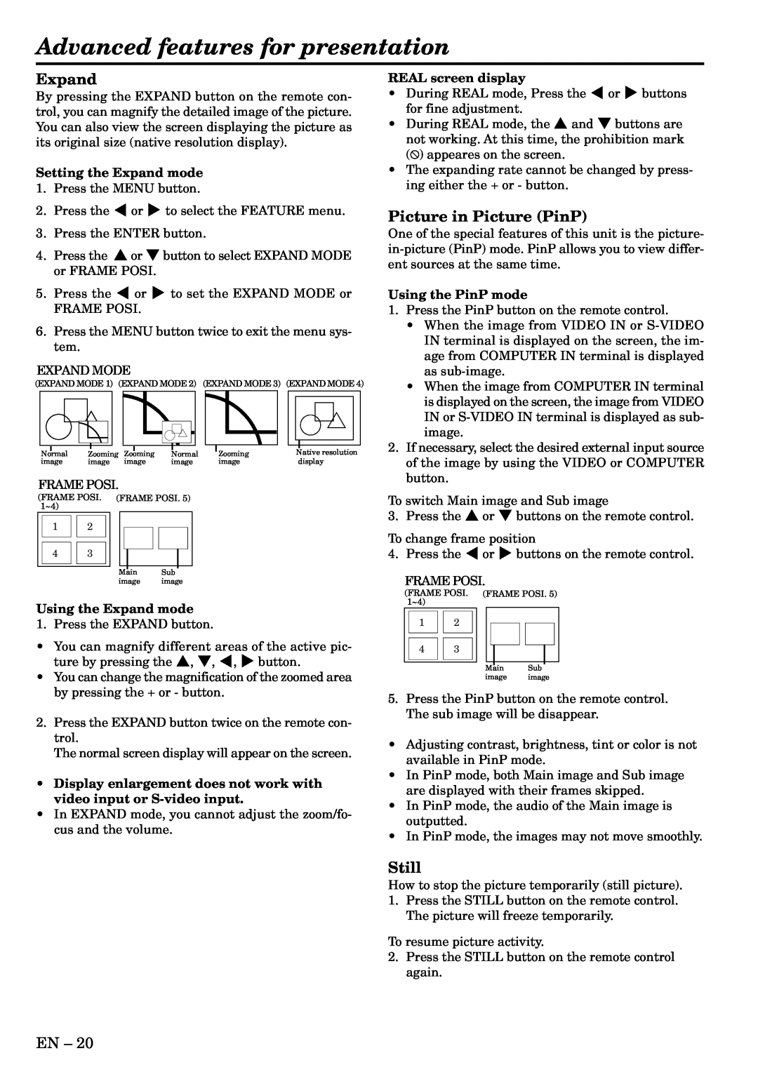 Mitsubishi Electronics X500U user manual Advanced features for presentation, Expand, Picture in Picture PinP, Still 