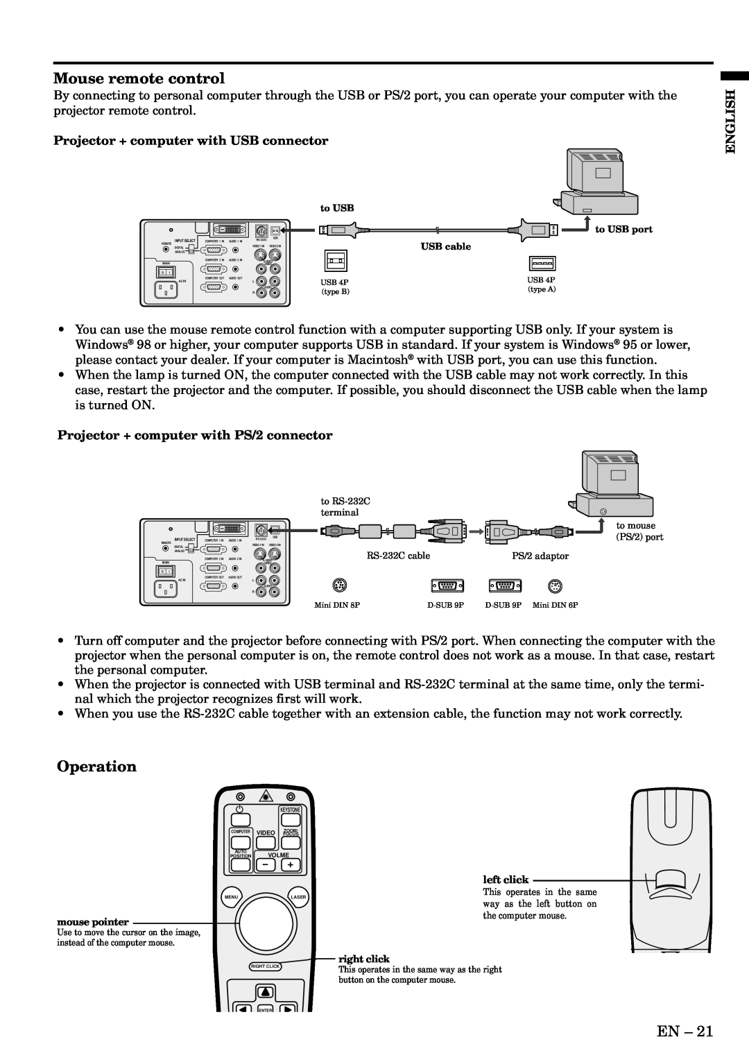 Mitsubishi Electronics X500U user manual Mouse remote control, Operation, Projector + computer with USB connector, English 