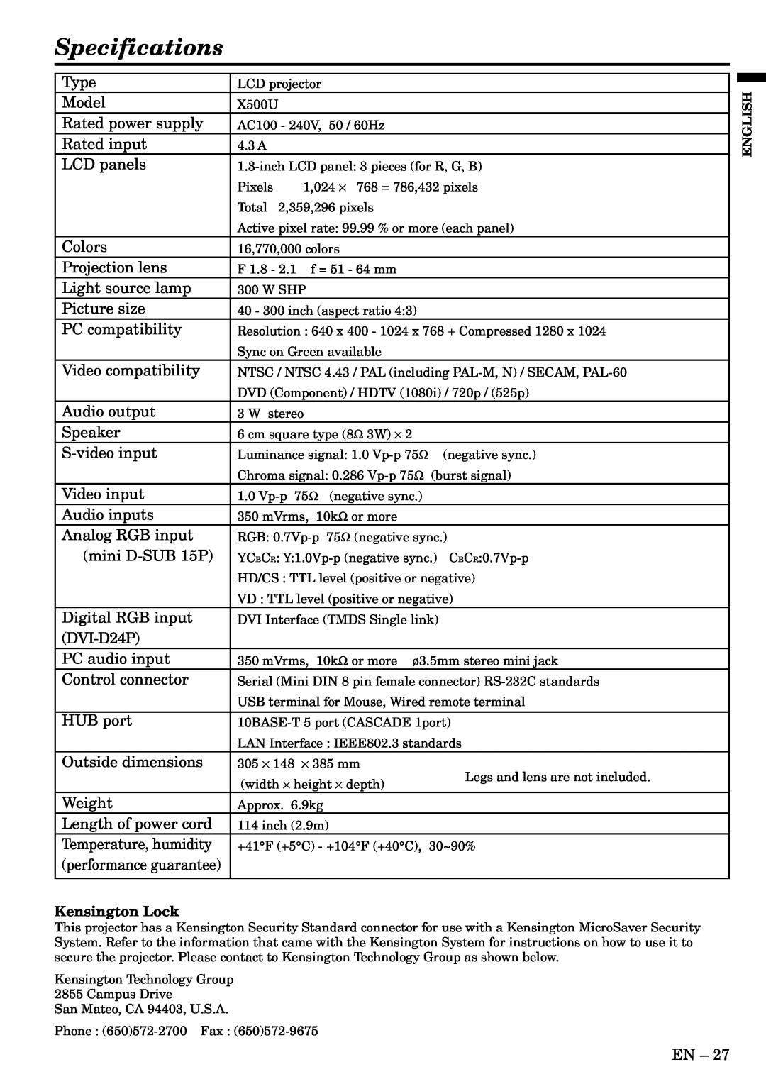 Mitsubishi Electronics X500U user manual Specifications, Kensington Lock 