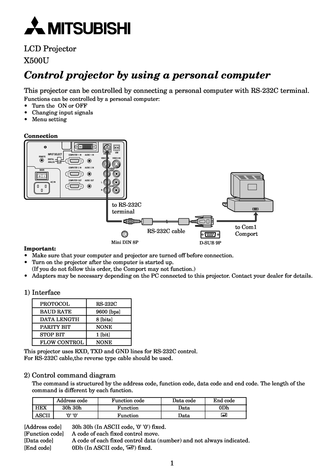 Mitsubishi Electronics user manual Control projector by using a personal computer, LCD Projector X500U, Connection 