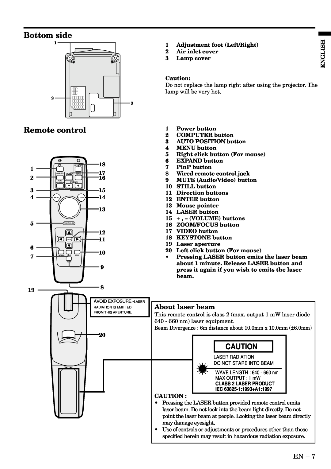 Mitsubishi Electronics X500U user manual Bottom side, Remote control, About laser beam, Adjustment foot Left/Right, English 