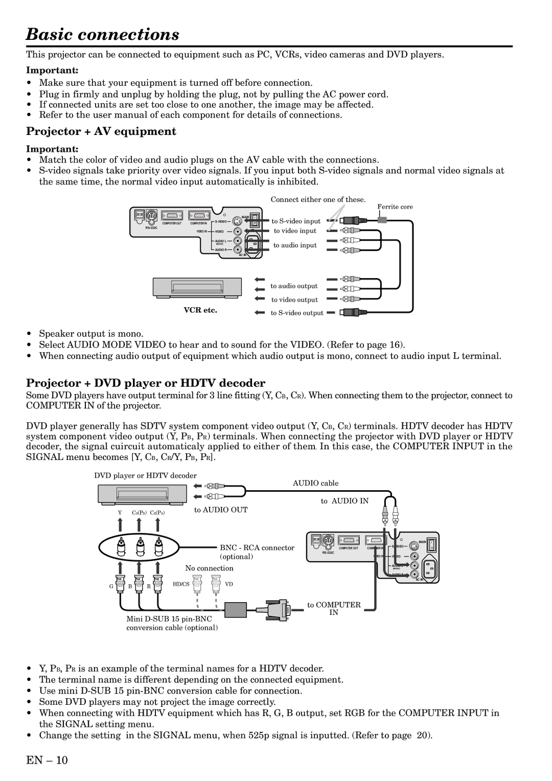 Mitsubishi Electronics X70B user manual Basic connections, Projector + AV equipment, Projector + DVD player or Hdtv decoder 