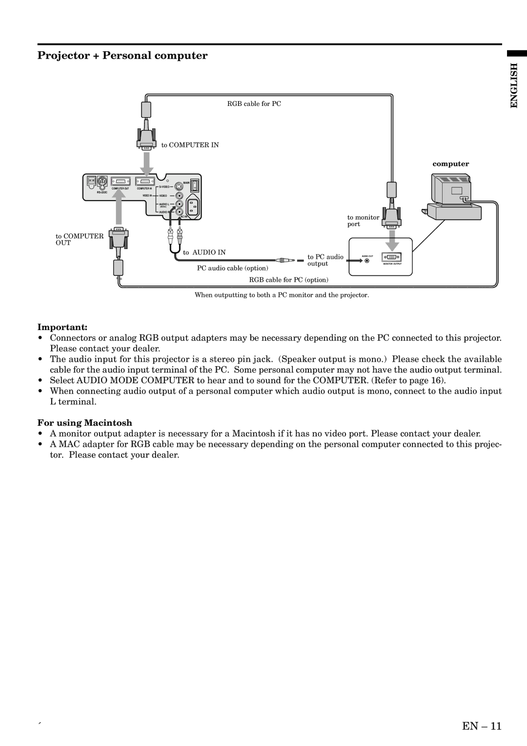 Mitsubishi Electronics X70B user manual Projector + Personal computer, For using Macintosh 