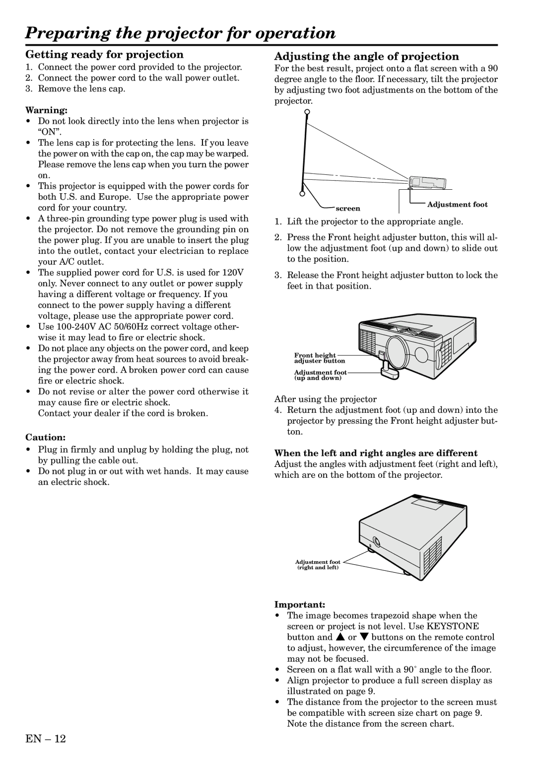 Mitsubishi Electronics X70B user manual Preparing the projector for operation, Getting ready for projection 