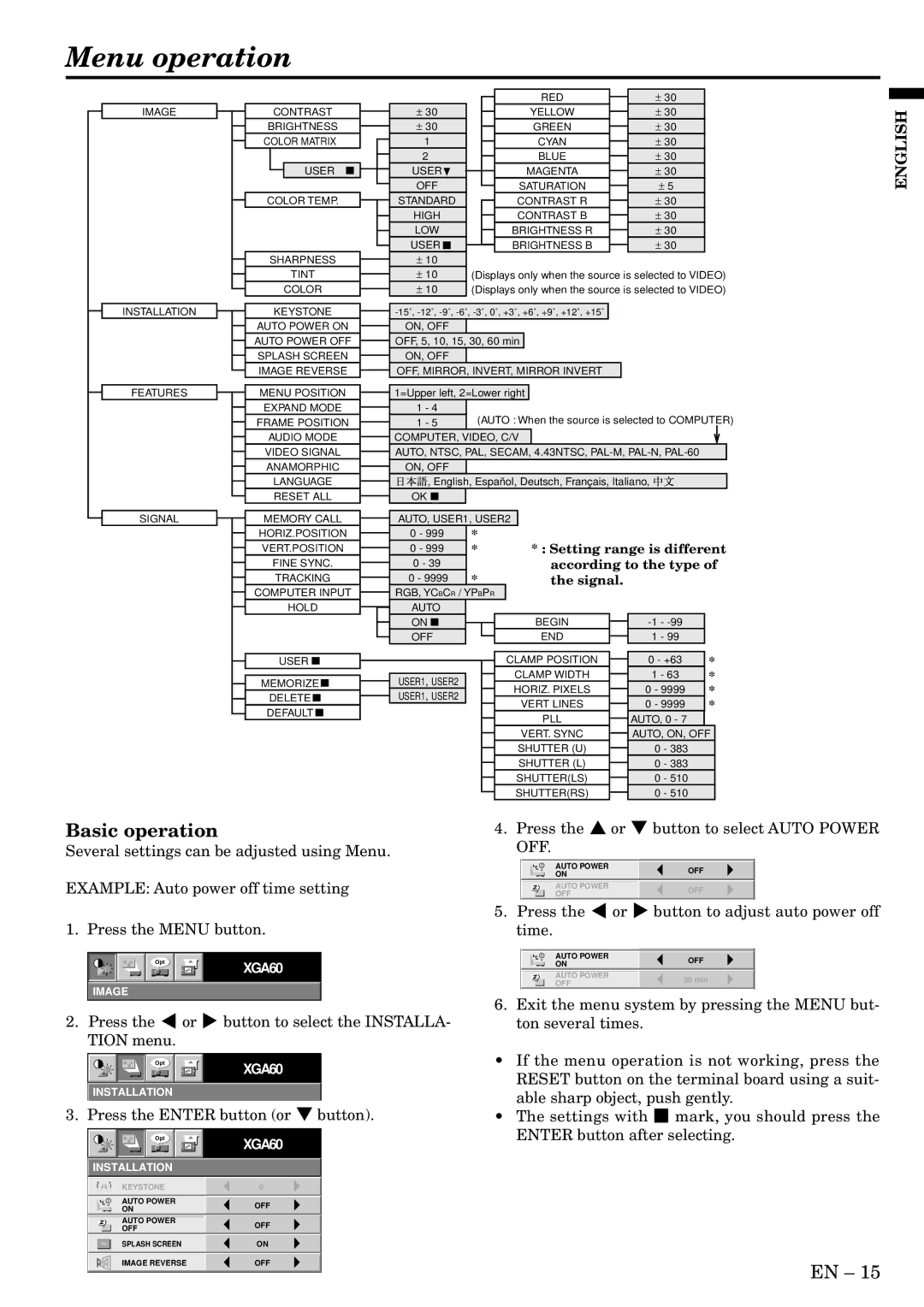 Mitsubishi Electronics X70B user manual Menu operation, Basic operation 