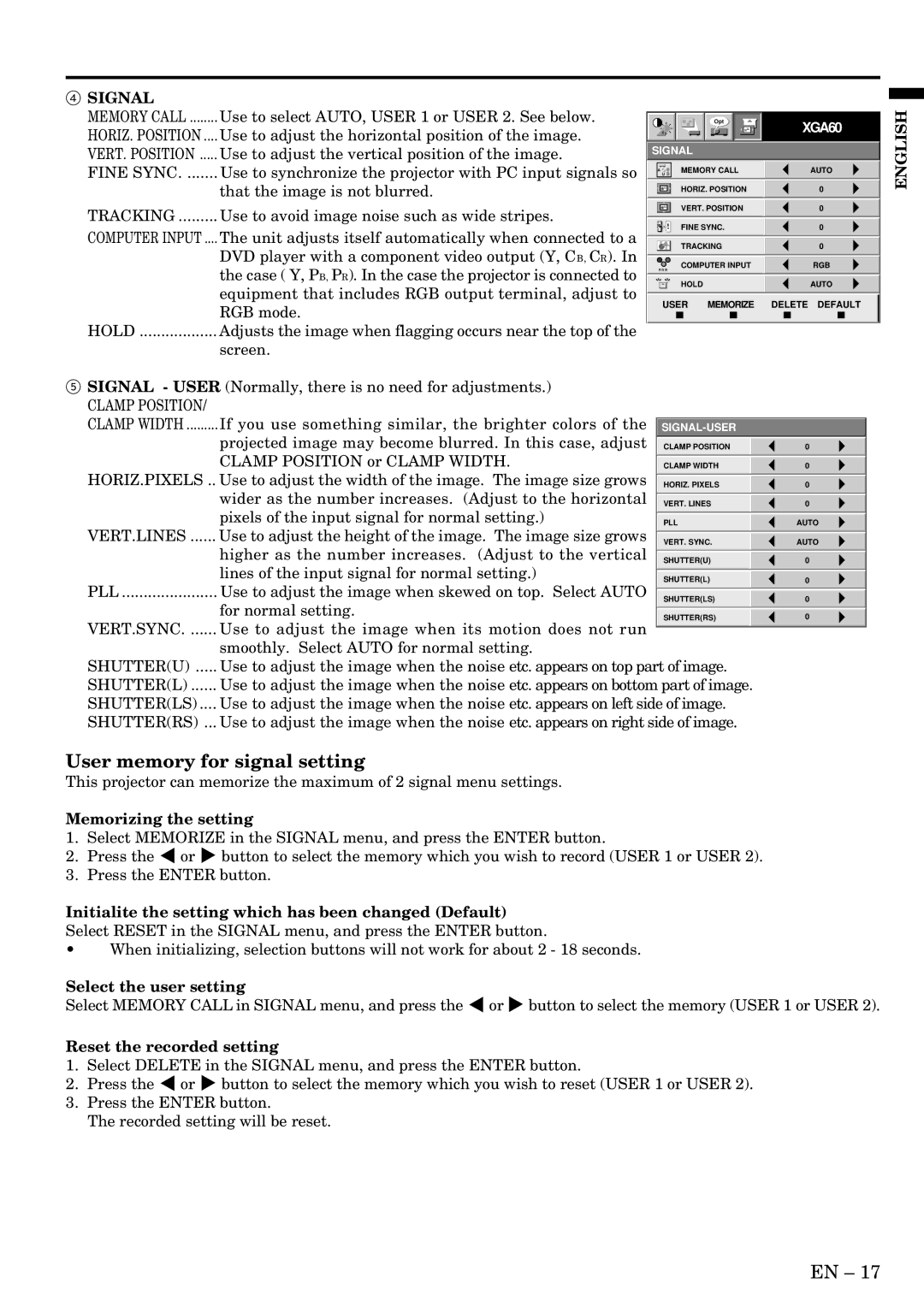 Mitsubishi Electronics X70B user manual User memory for signal setting, Memorizing the setting, Select the user setting 