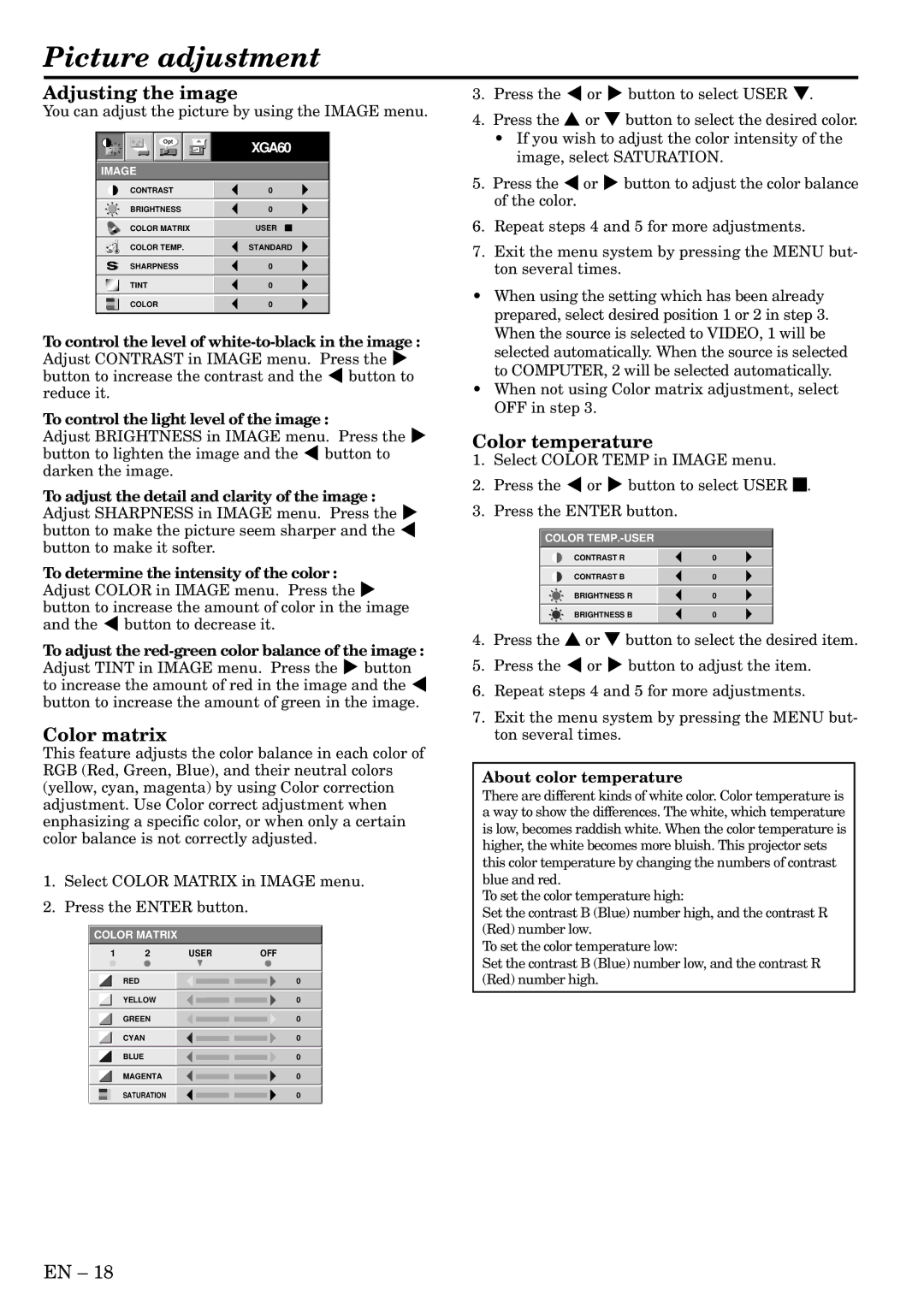 Mitsubishi Electronics X70B user manual Picture adjustment, Adjusting the image, Color matrix, Color temperature 