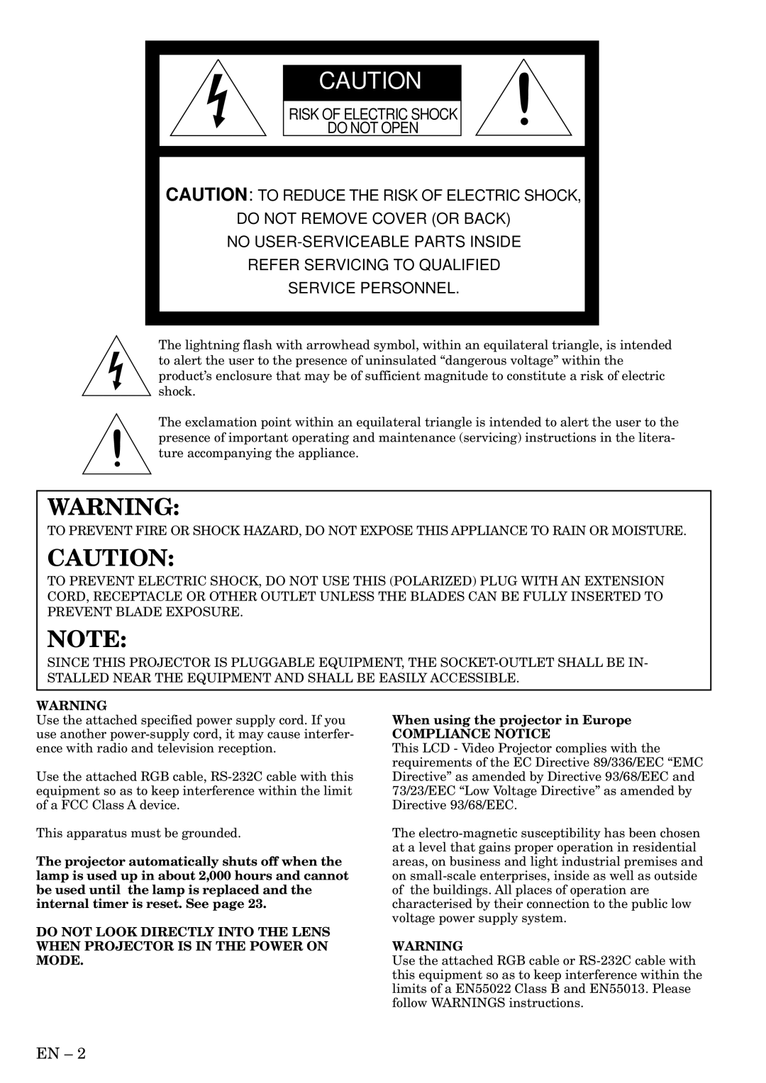 Mitsubishi Electronics X70B user manual When using the projector in Europe, Compliance Notice 