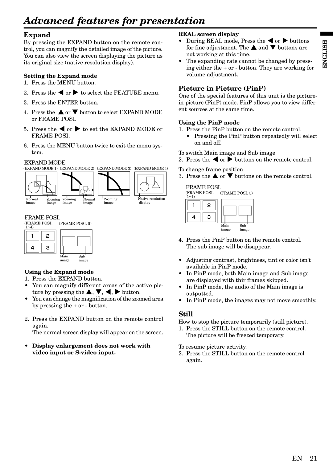 Mitsubishi Electronics X70B user manual Advanced features for presentation, Expand, Picture in Picture PinP, Still 